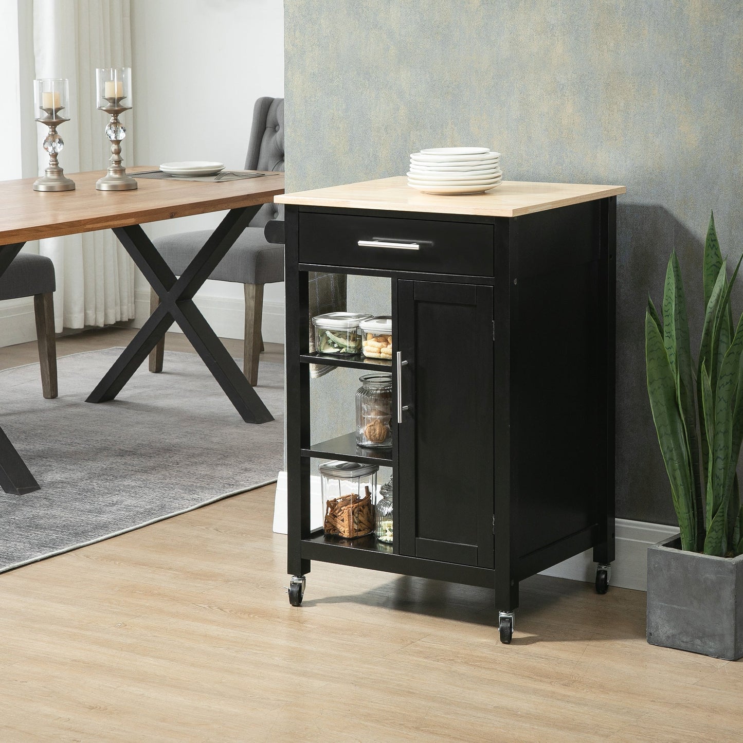 Kitchen Island, Compact Kitchen Cart on Wheels with Open Shelf &; Storage Drawer for Dining Room, Kitchen, Black Kitchen Islands & Kitchen Carts   at Gallery Canada