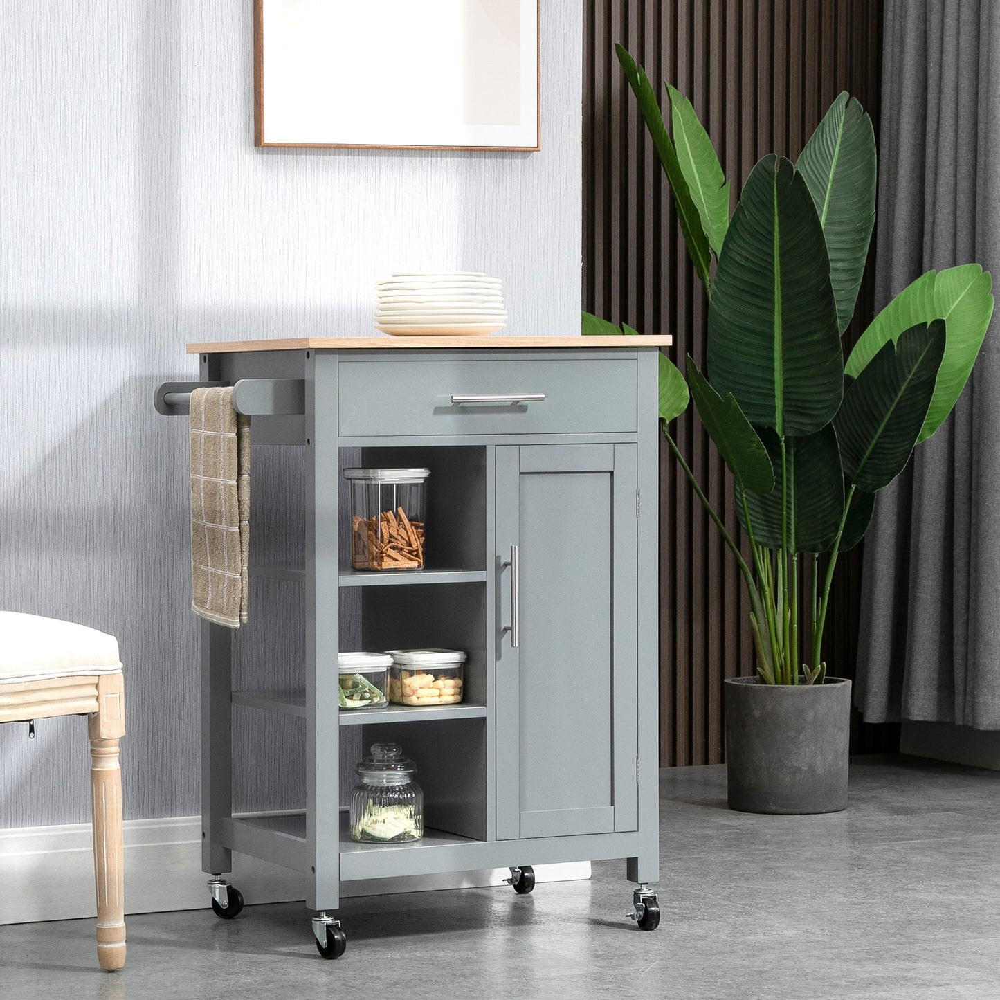 Kitchen Island, Compact Kitchen Cart on Wheels with Open Shelf &; Storage Drawer for Dining Room, Kitchen, Grey Kitchen Islands & Kitchen Carts   at Gallery Canada