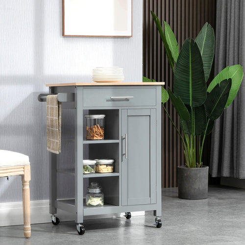 Kitchen Island, Compact Kitchen Cart on Wheels with Open Shelf &; Storage Drawer for Dining Room, Kitchen, Grey