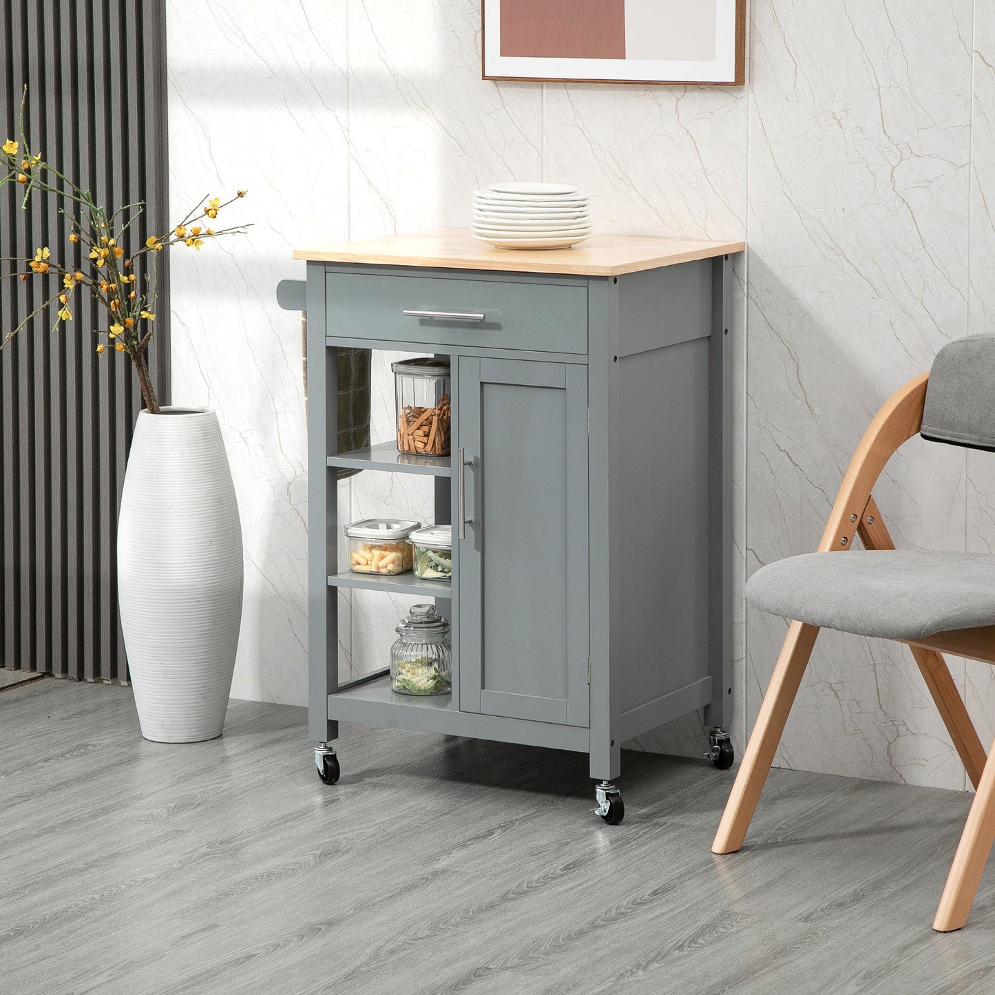 Kitchen Island, Compact Kitchen Cart on Wheels with Open Shelf &; Storage Drawer for Dining Room, Kitchen, Grey Kitchen Islands & Kitchen Carts   at Gallery Canada