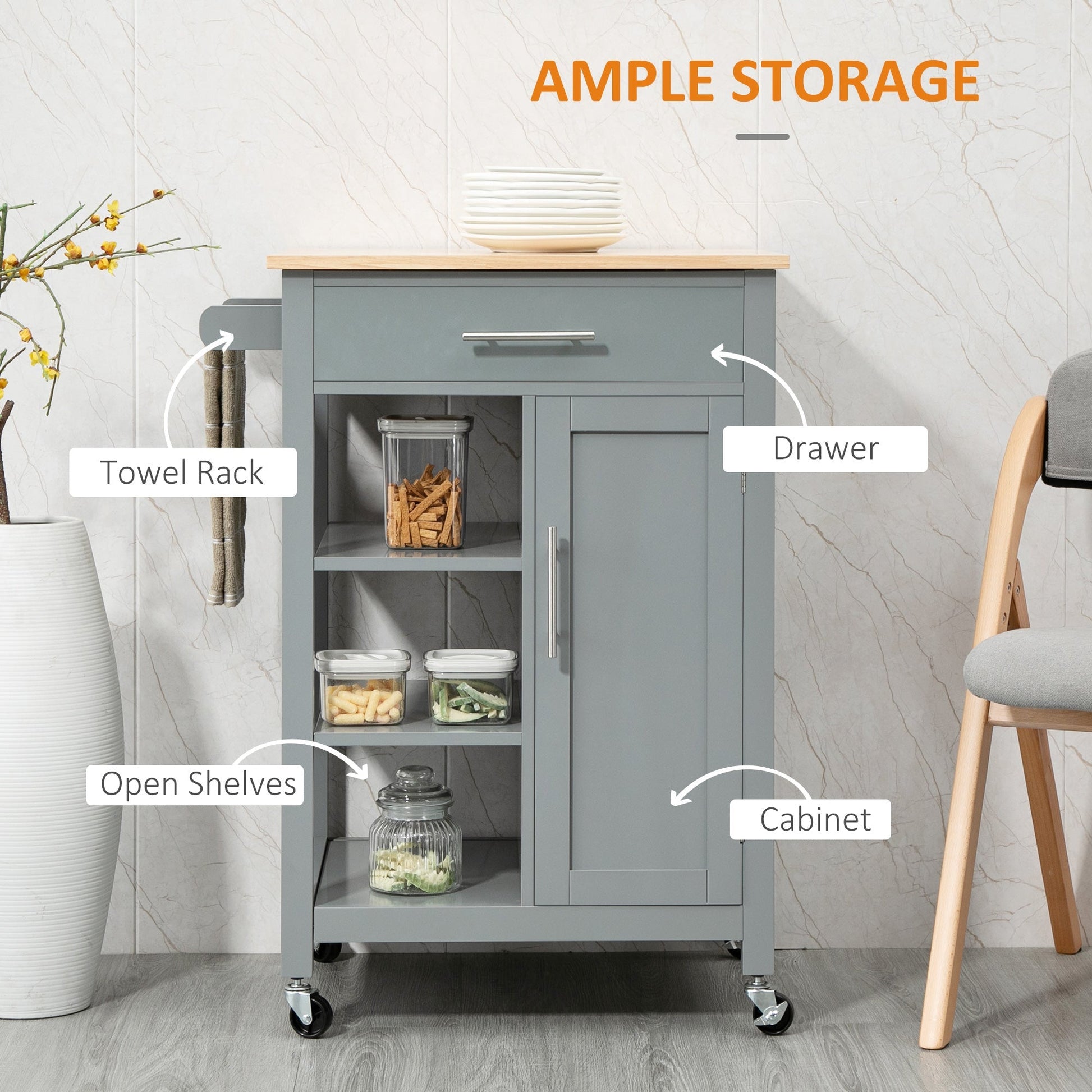 Kitchen Island, Compact Kitchen Cart on Wheels with Open Shelf &; Storage Drawer for Dining Room, Kitchen, Grey Kitchen Islands & Kitchen Carts   at Gallery Canada