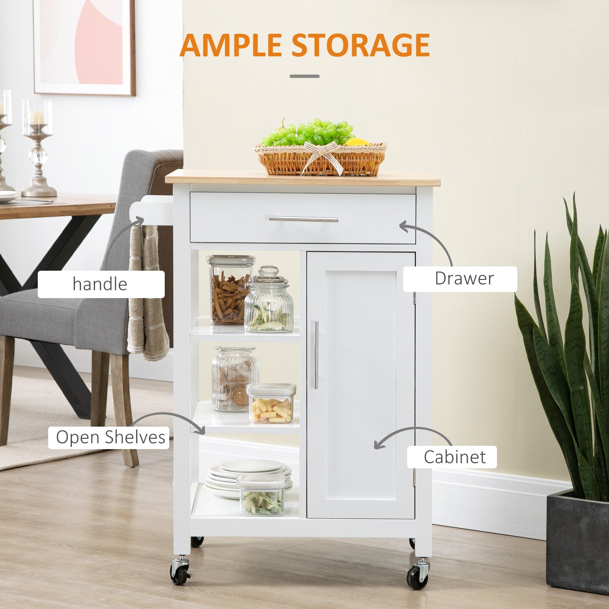 Kitchen Island, Compact Kitchen Cart on Wheels with Open Shelf &; Storage Drawer for Dining Room, Kitchen, White Kitchen Islands & Kitchen Carts   at Gallery Canada