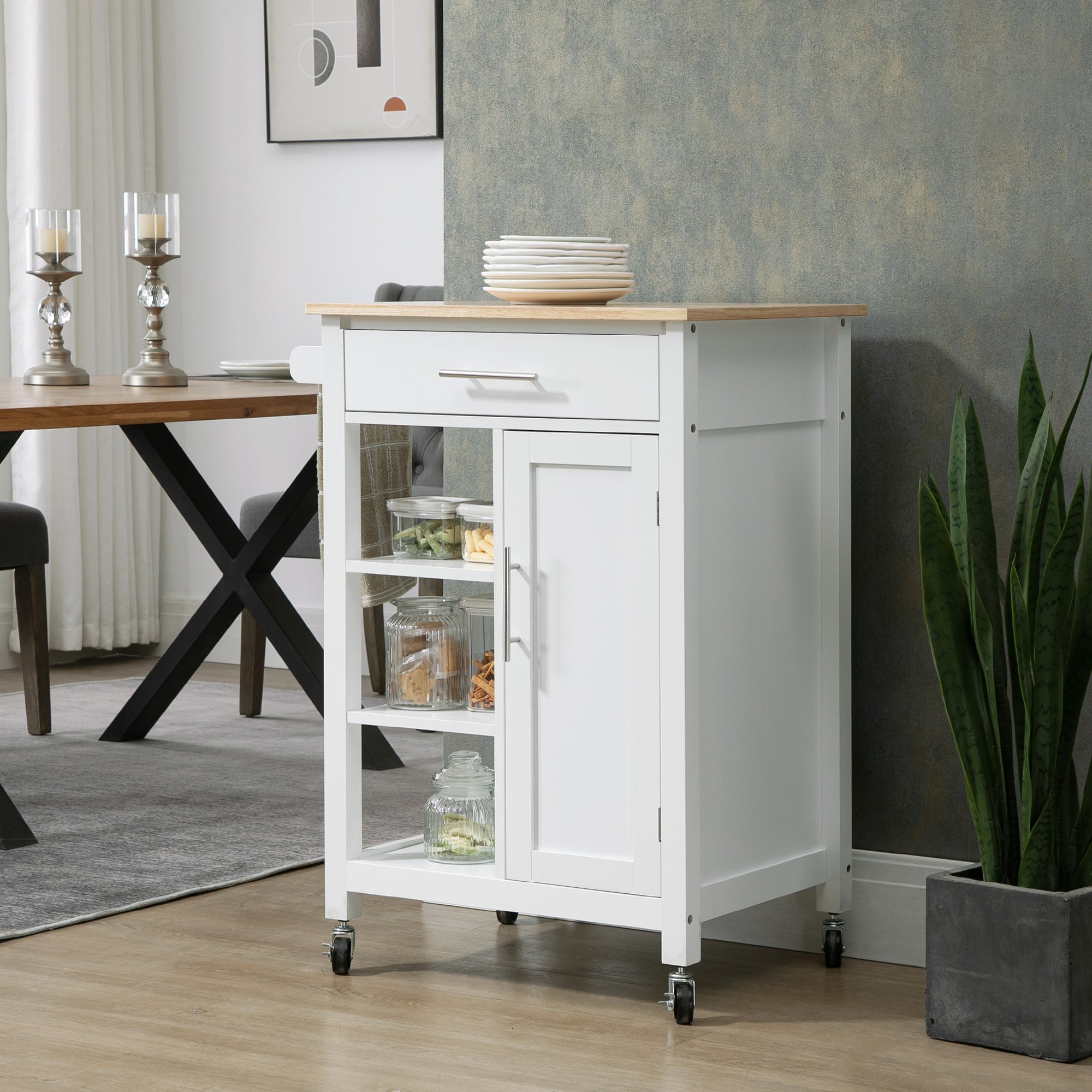 Kitchen Island, Compact Kitchen Cart on Wheels with Open Shelf &; Storage Drawer for Dining Room, Kitchen, White Kitchen Islands & Kitchen Carts   at Gallery Canada