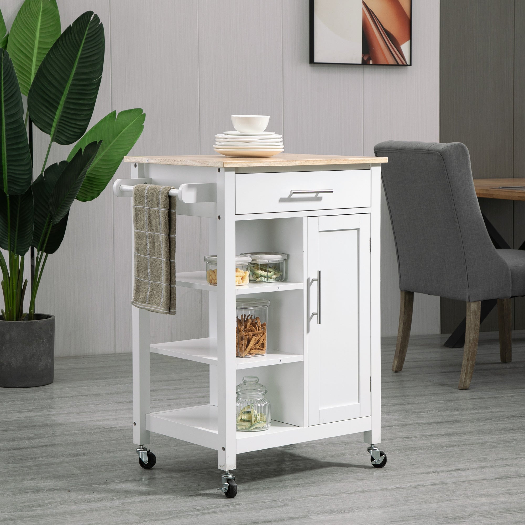 Kitchen Island, Compact Kitchen Cart on Wheels with Open Shelf &; Storage Drawer for Dining Room, Kitchen, White Kitchen Islands & Kitchen Carts   at Gallery Canada