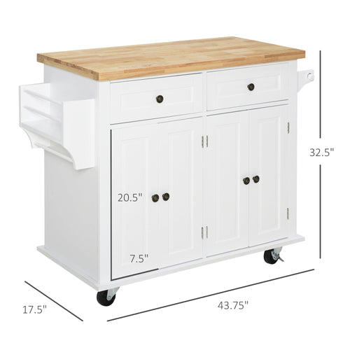 Kitchen Island on Wheels, Rolling Cart with Rubberwood Top, Spice Rack, Towel Rack and Drawers, White