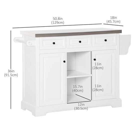 Kitchen Island on Wheels with Stainless Steel Top, Spice Rack, Drawers, Rolling Bar Cart with Storage, White - Gallery Canada
