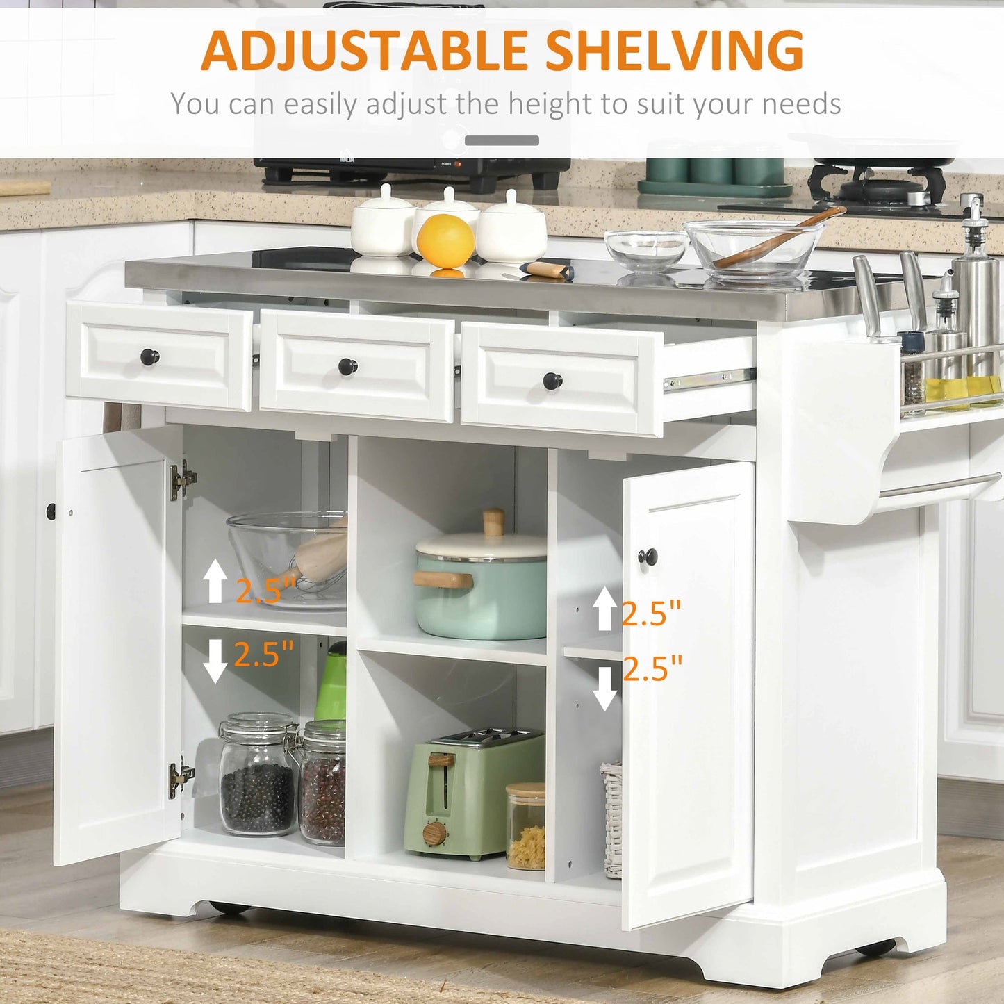 Kitchen Island on Wheels with Stainless Steel Top, Spice Rack, Drawers, Rolling Bar Cart with Storage, White Kitchen Islands & Kitchen Carts   at Gallery Canada