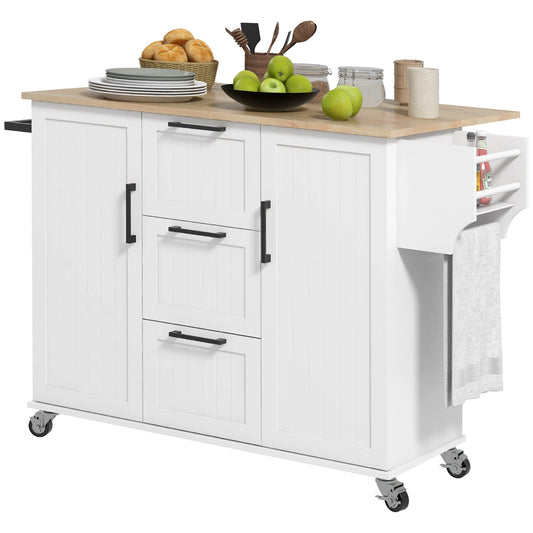 Kitchen Island with Drop Leaf, Rolling Kitchen Cart on Wheels with 3 Drawers, 2 Cabinets, Natural Wood Top, Spice Rack and Towel Rack, White - Gallery Canada