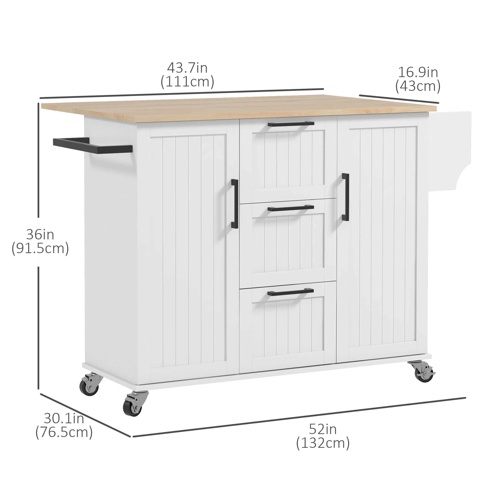 Kitchen Island with Drop Leaf, Rolling Kitchen Cart on Wheels with 3 Drawers, 2 Cabinets, Natural Wood Top, Spice Rack and Towel Rack, White Kitchen Islands & Kitchen Carts   at Gallery Canada