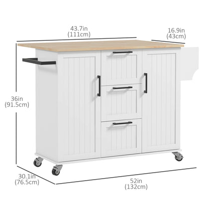 Kitchen Island with Drop Leaf, Rolling Kitchen Cart on Wheels with 3 Drawers, 2 Cabinets, Natural Wood Top, Spice Rack and Towel Rack, White Kitchen Islands & Kitchen Carts   at Gallery Canada