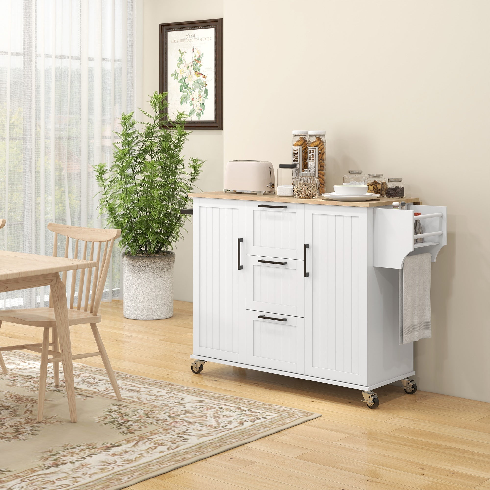 Kitchen Island with Drop Leaf, Rolling Kitchen Cart on Wheels with 3 Drawers, 2 Cabinets, Natural Wood Top, Spice Rack and Towel Rack, White Kitchen Islands & Kitchen Carts   at Gallery Canada