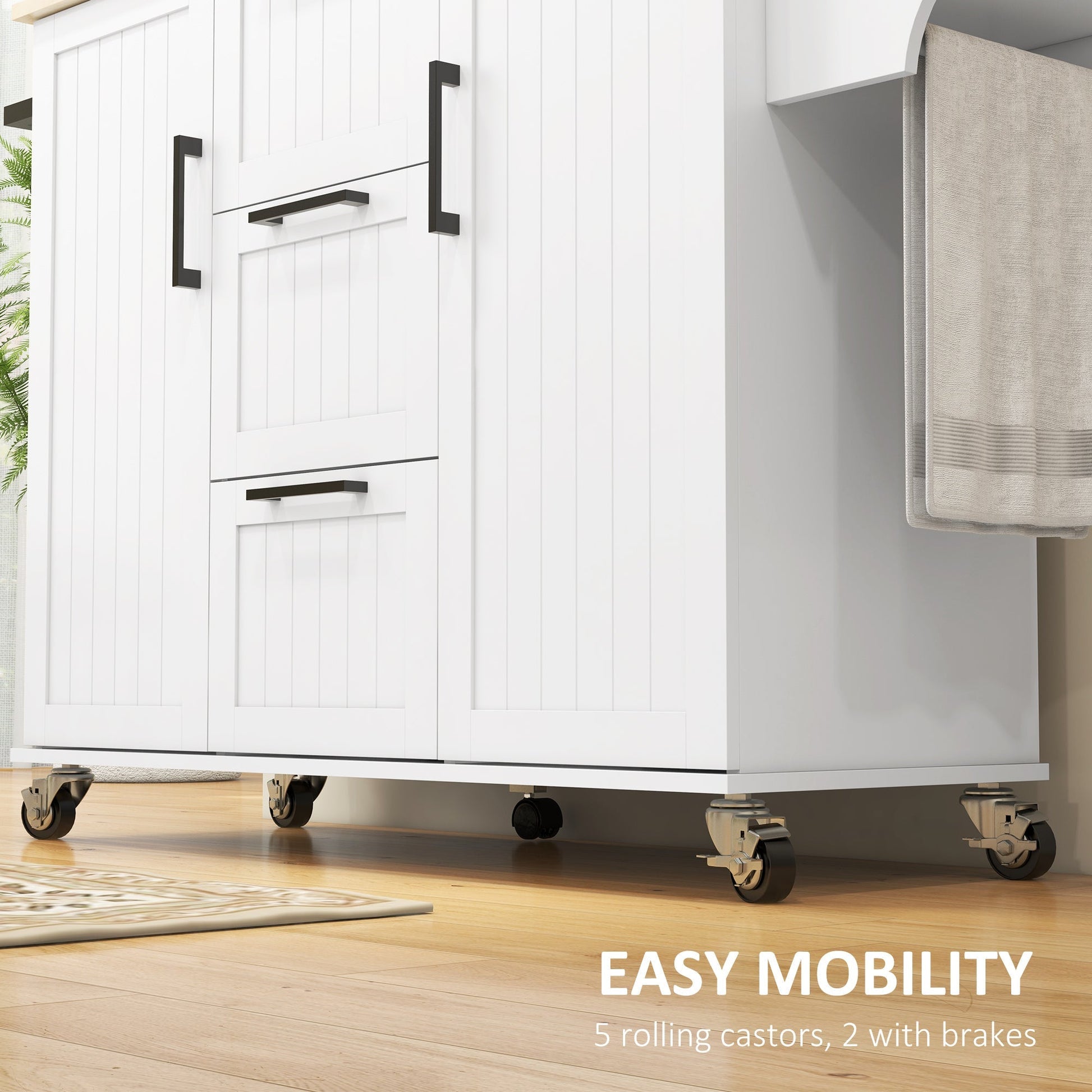 Kitchen Island with Drop Leaf, Rolling Kitchen Cart on Wheels with 3 Drawers, 2 Cabinets, Natural Wood Top, Spice Rack and Towel Rack, White Kitchen Islands & Kitchen Carts   at Gallery Canada