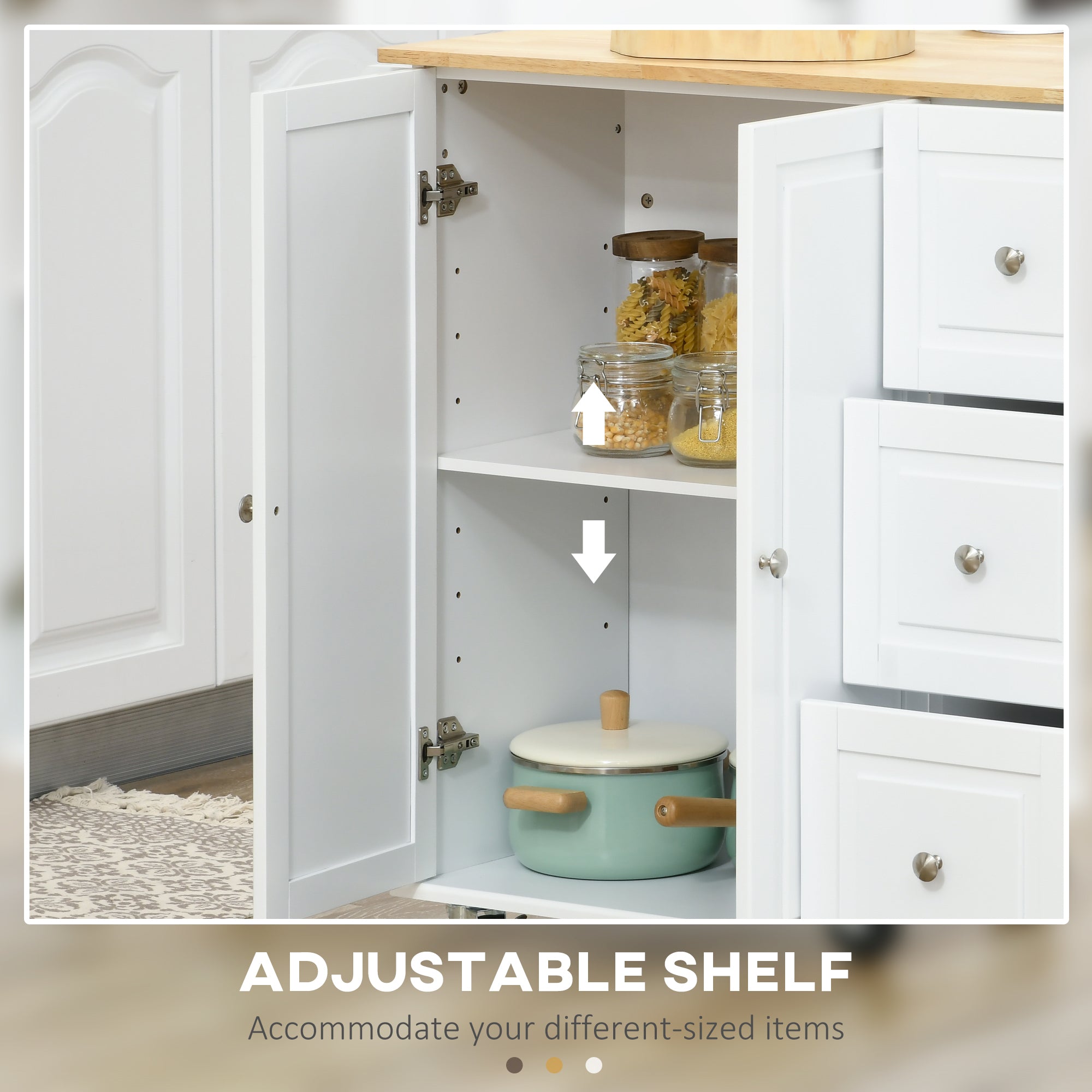 Kitchen Island with Drop Leaf, Rolling Kitchen Cart on Wheels with 3 Drawers, Cabinet, Natural Wood Top, Spice Rack and Towel Rack, White Kitchen Islands & Kitchen Carts   at Gallery Canada