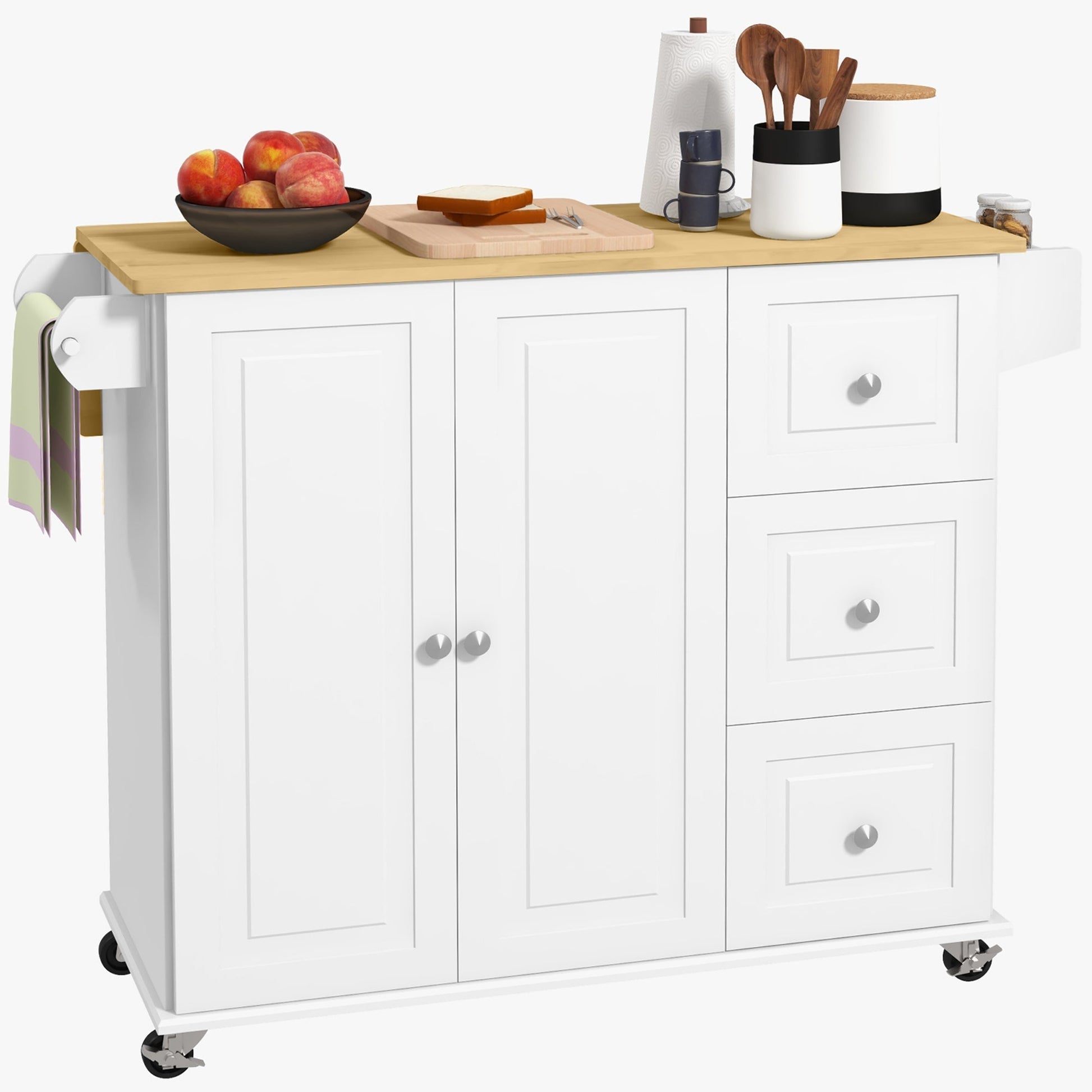 Kitchen Island with Drop Leaf, Rolling Kitchen Cart on Wheels with 3 Drawers, Cabinet, Natural Wood Top, Spice Rack and Towel Rack, White Kitchen Islands & Kitchen Carts Multi Colour  at Gallery Canada