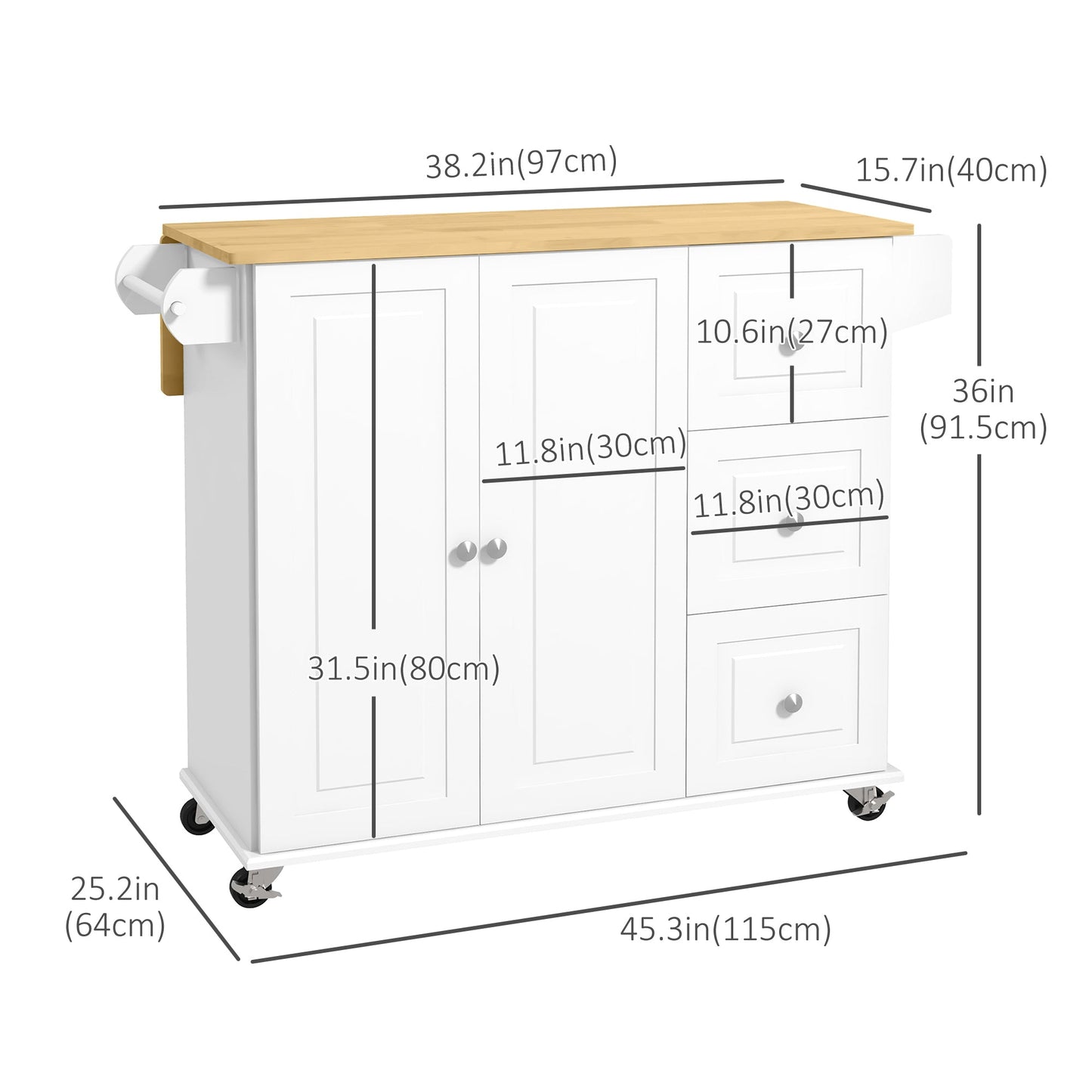 Kitchen Island with Drop Leaf, Rolling Kitchen Cart on Wheels with 3 Drawers, Cabinet, Natural Wood Top, Spice Rack and Towel Rack, White Kitchen Islands & Kitchen Carts   at Gallery Canada