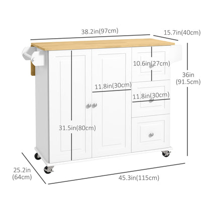 Kitchen Island with Drop Leaf, Rolling Kitchen Cart on Wheels with 3 Drawers, Cabinet, Natural Wood Top, Spice Rack and Towel Rack, White Kitchen Islands & Kitchen Carts   at Gallery Canada