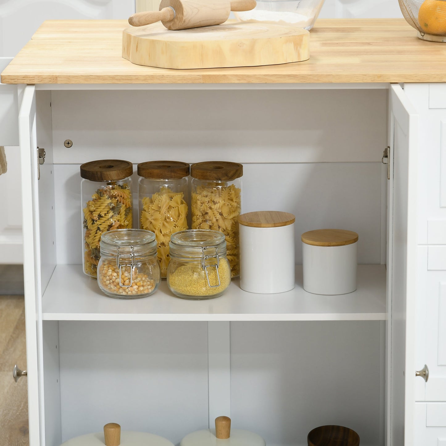 Kitchen Island with Drop Leaf, Rolling Kitchen Cart on Wheels with 3 Drawers, Cabinet, Natural Wood Top, Spice Rack and Towel Rack, White Kitchen Islands & Kitchen Carts   at Gallery Canada