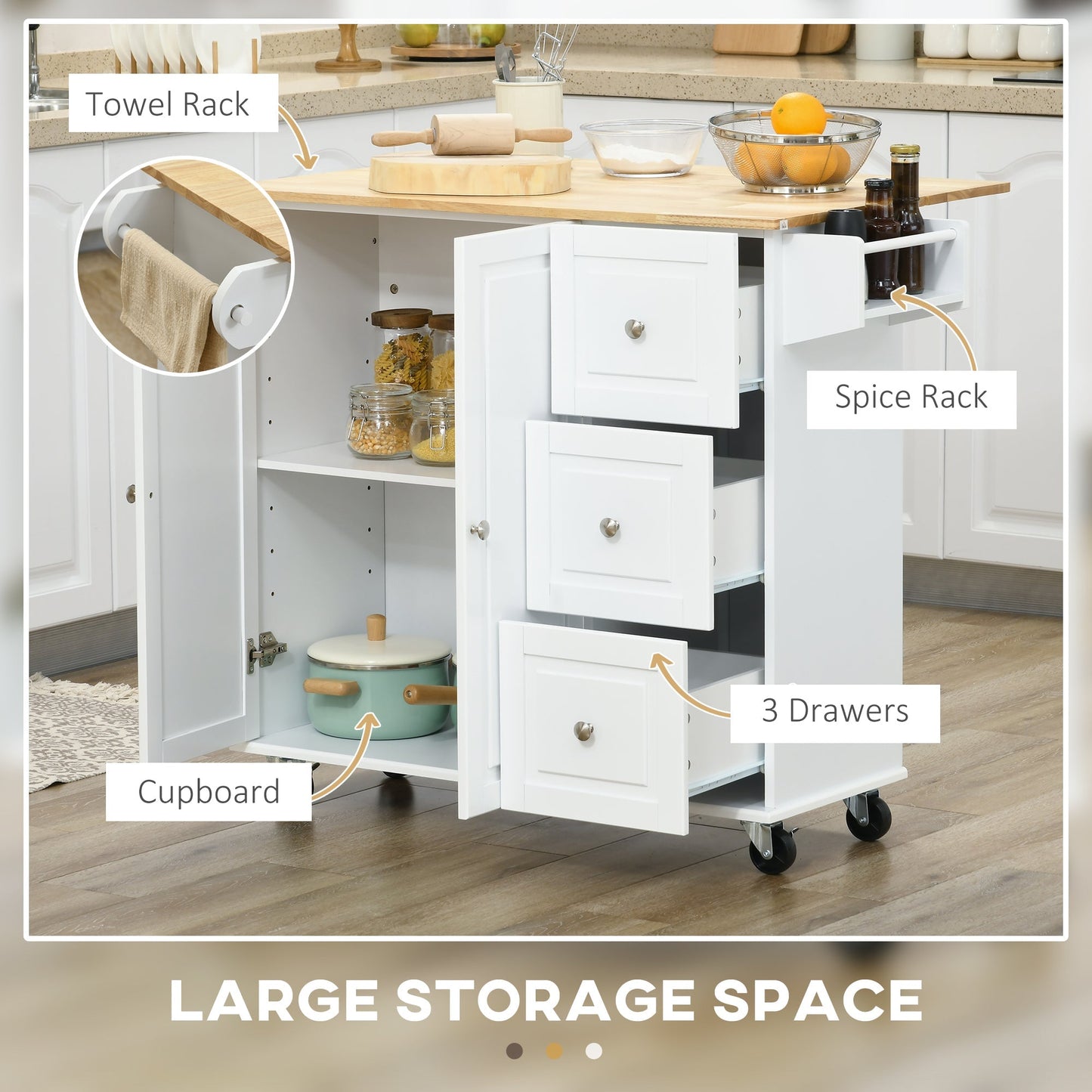 Kitchen Island with Drop Leaf, Rolling Kitchen Cart on Wheels with 3 Drawers, Cabinet, Natural Wood Top, Spice Rack and Towel Rack, White Kitchen Islands & Kitchen Carts   at Gallery Canada