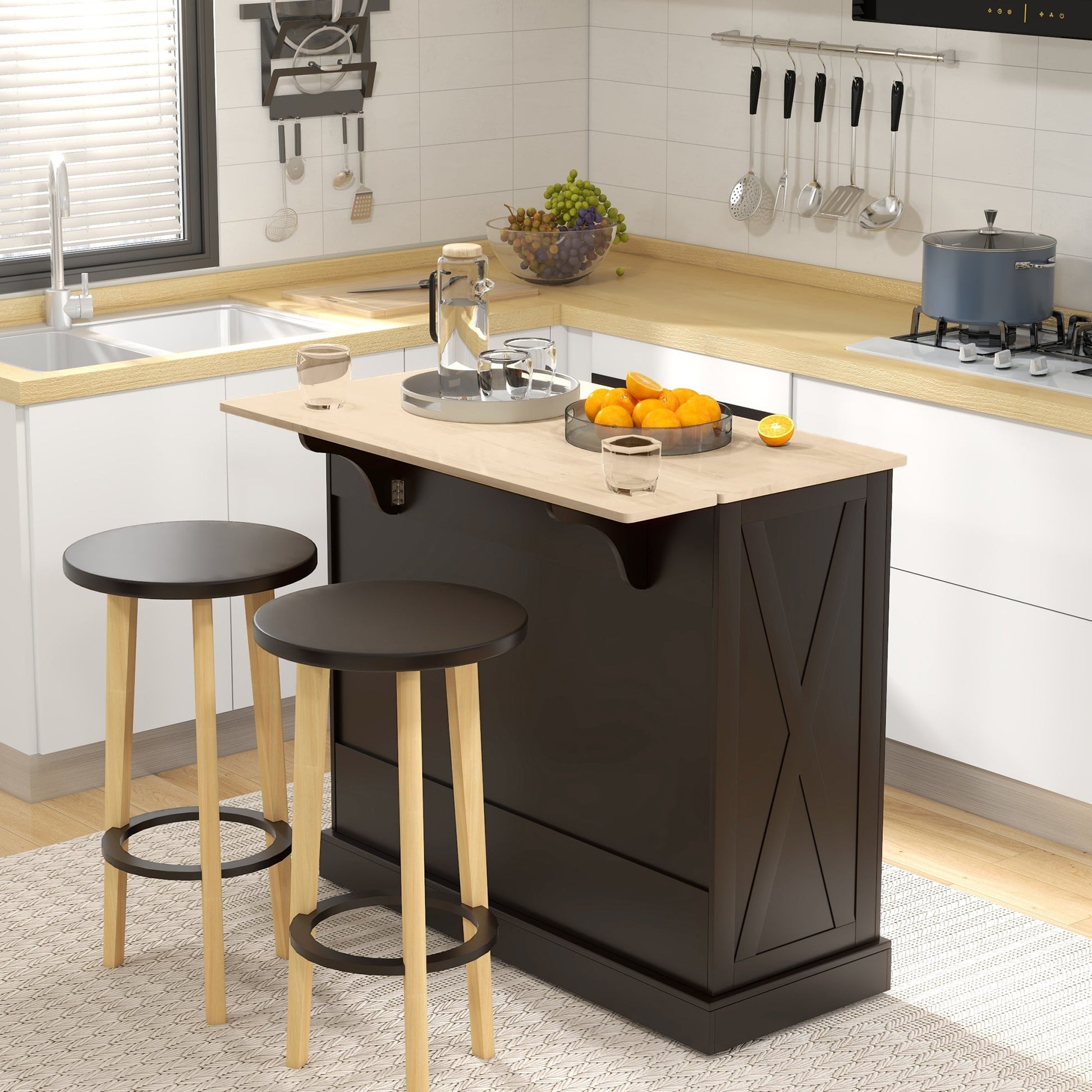 Kitchen Island with Drop Leaf, Rolling Kitchen Cart with 2 Drawers, Adjustable Shelves and Wood Countertop, Black - Gallery Canada