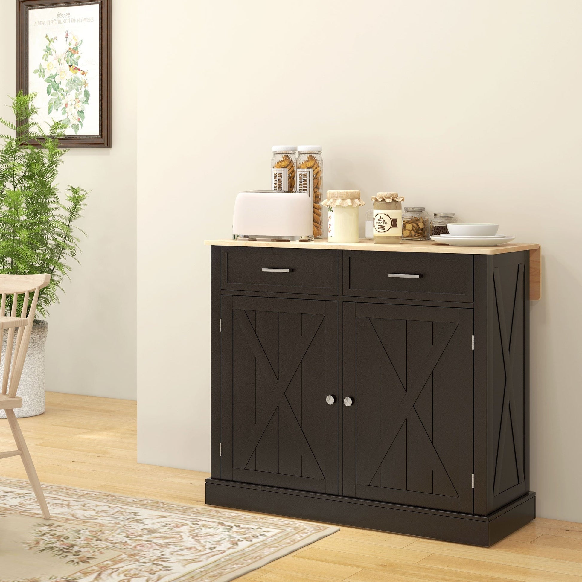 Kitchen Island with Drop Leaf, Rolling Kitchen Cart with 2 Drawers, Adjustable Shelves and Wood Countertop, Black - Gallery Canada