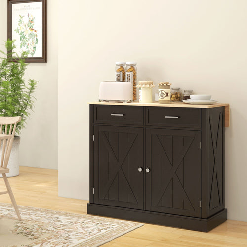 Kitchen Island with Drop Leaf, Rolling Kitchen Cart with 2 Drawers, Adjustable Shelves and Wood Countertop, Black