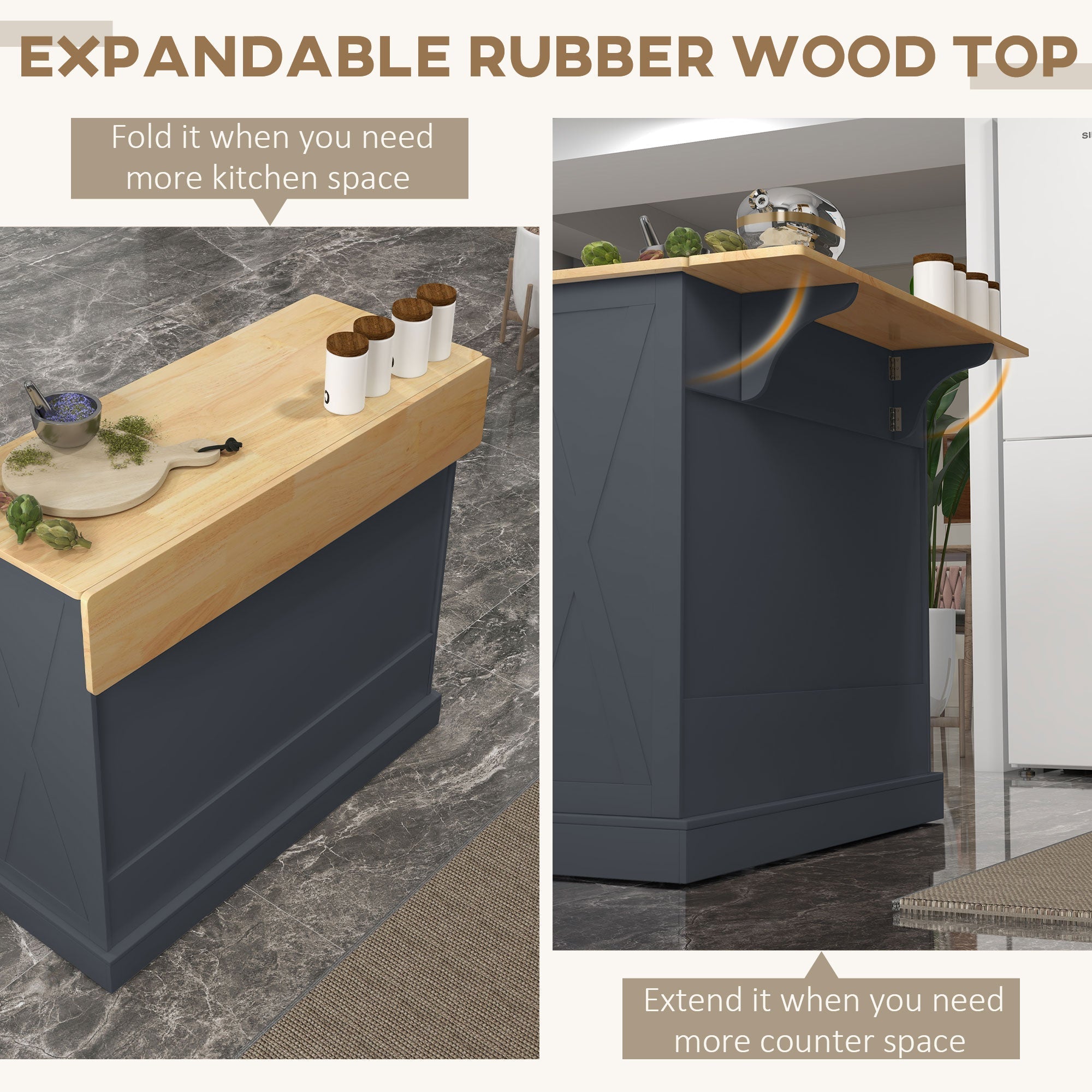 Kitchen Island with Drop Leaf, Rolling Kitchen Cart with 2 Drawers, Adjustable Shelves and Wood Countertop, Dark Grey Kitchen Islands & Kitchen Carts   at Gallery Canada