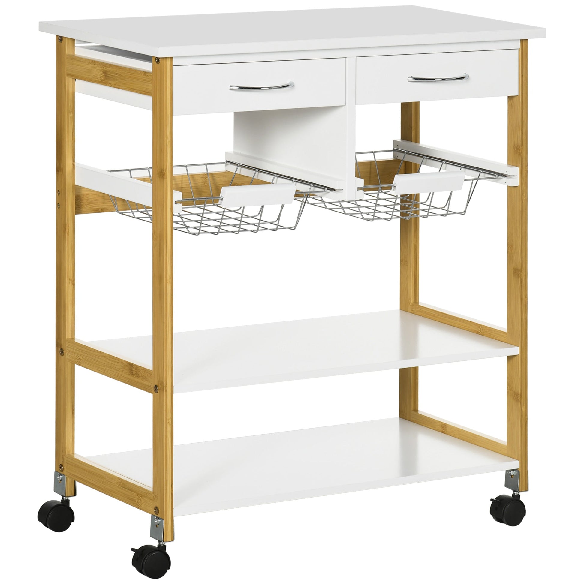 Kitchen Island with Storage, Bamboo Kitchen Cart on Wheels with 2 Drawers, 2 Metal Baskets, Open Shelves and Casters with Lock, Natural Kitchen Islands & Kitchen Carts Multi Colour  at Gallery Canada