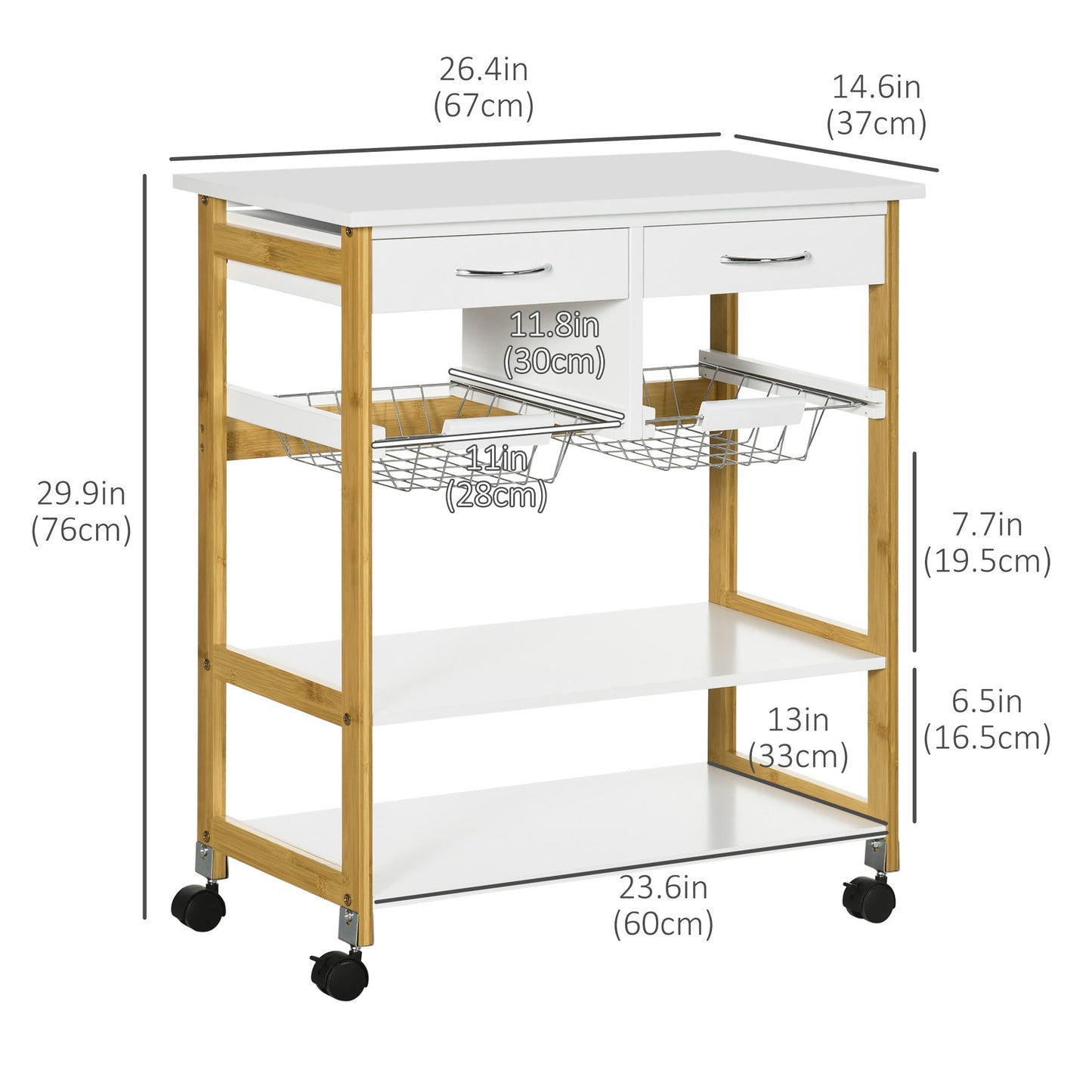 Kitchen Island with Storage, Bamboo Kitchen Cart on Wheels with 2 Drawers, 2 Metal Baskets, Open Shelves and Casters with Lock, Natural Kitchen Islands & Kitchen Carts   at Gallery Canada