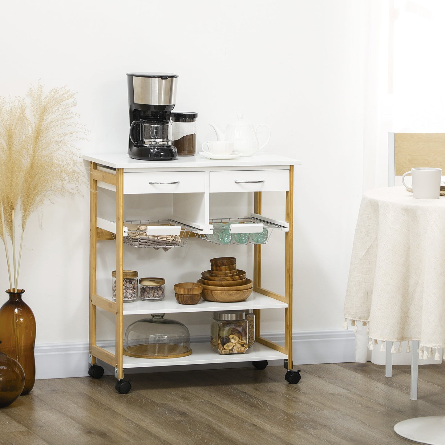 Kitchen Island with Storage, Bamboo Kitchen Cart on Wheels with 2 Drawers, 2 Metal Baskets, Open Shelves and Casters with Lock, Natural Kitchen Islands & Kitchen Carts   at Gallery Canada