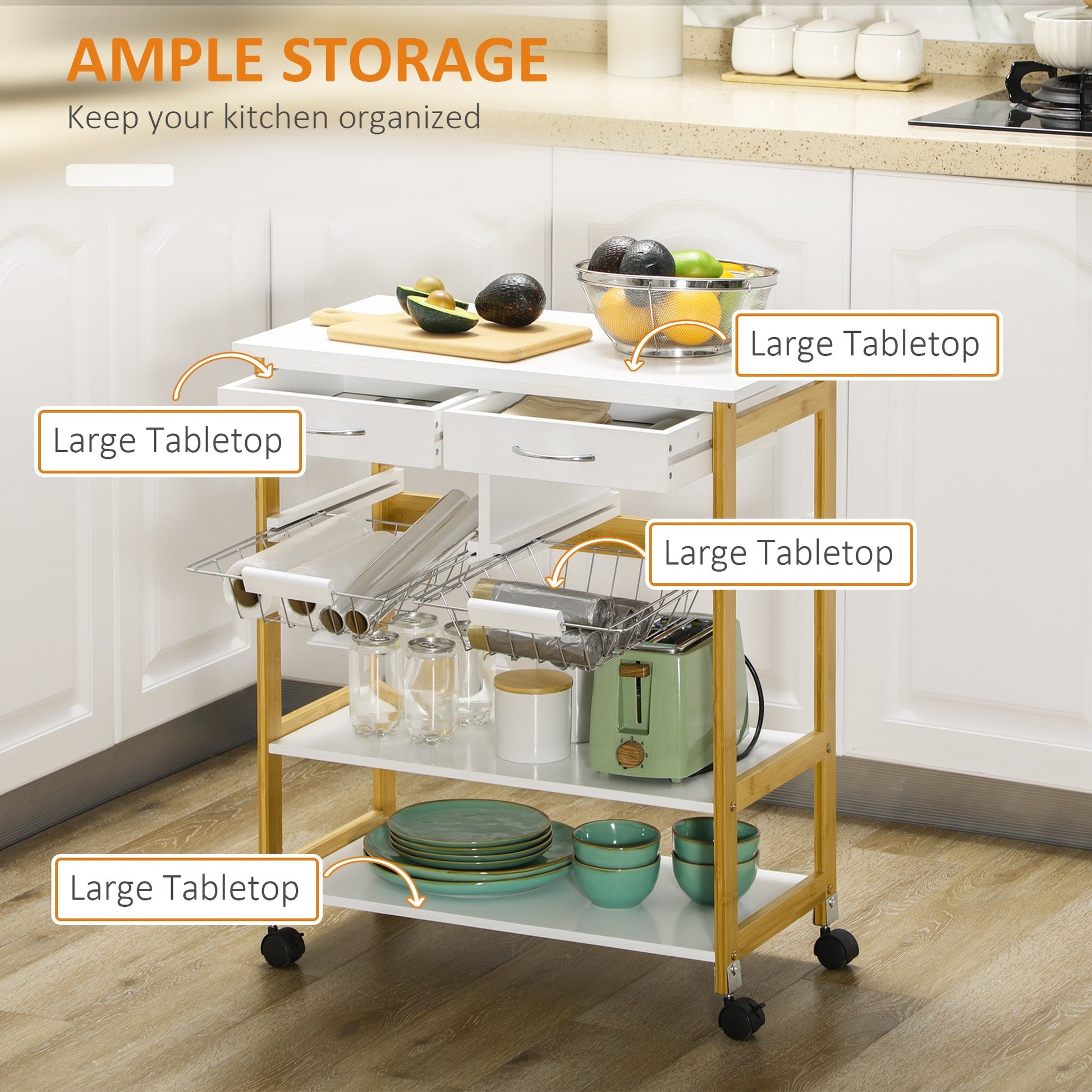 Kitchen Island with Storage, Bamboo Kitchen Cart on Wheels with 2 Drawers, 2 Metal Baskets, Open Shelves and Casters with Lock, Natural Kitchen Islands & Kitchen Carts   at Gallery Canada