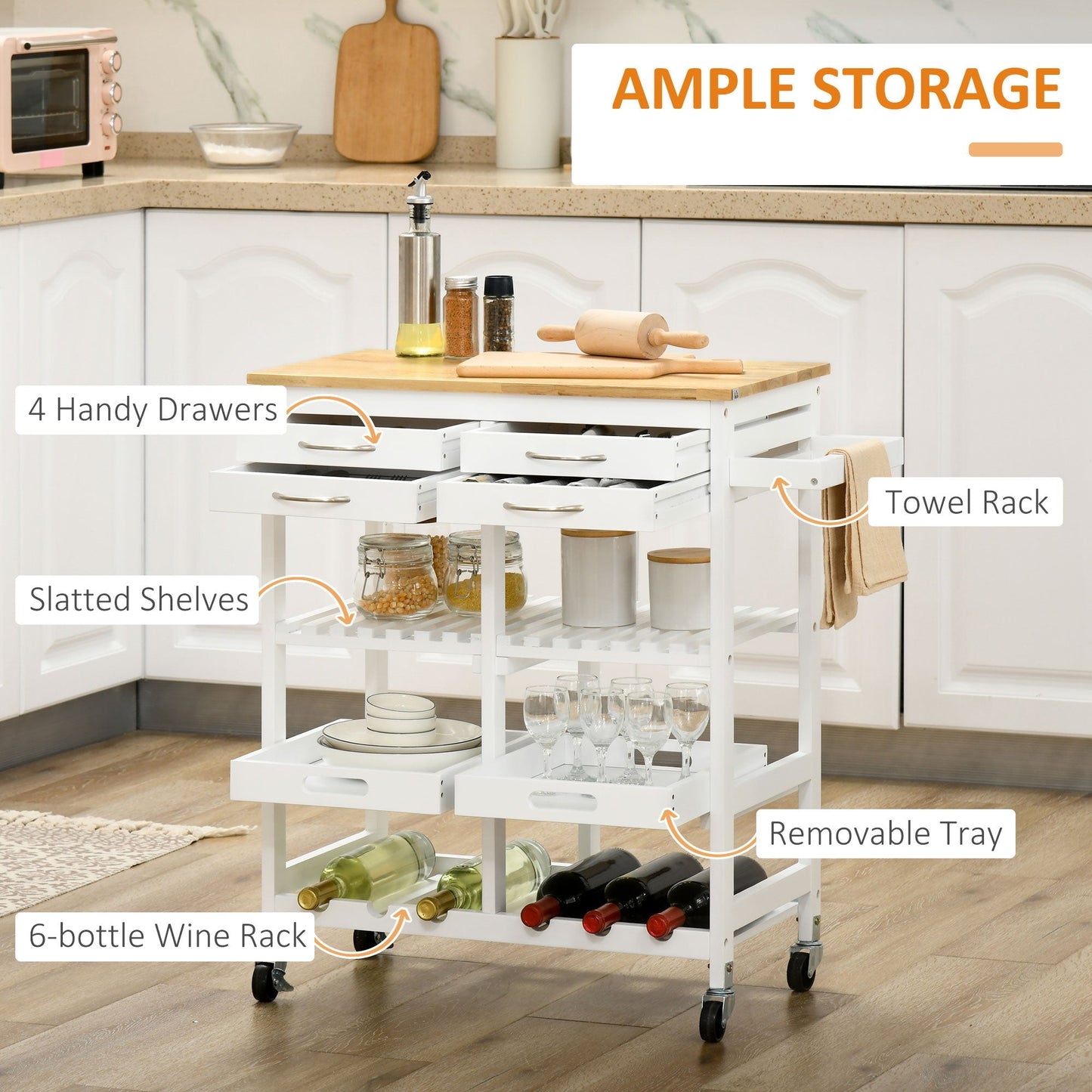 Kitchen Island Cart with Storage, Wine Rack, Wood Top, Drawers, Trays, White Kitchen Islands & Kitchen Carts   at Gallery Canada