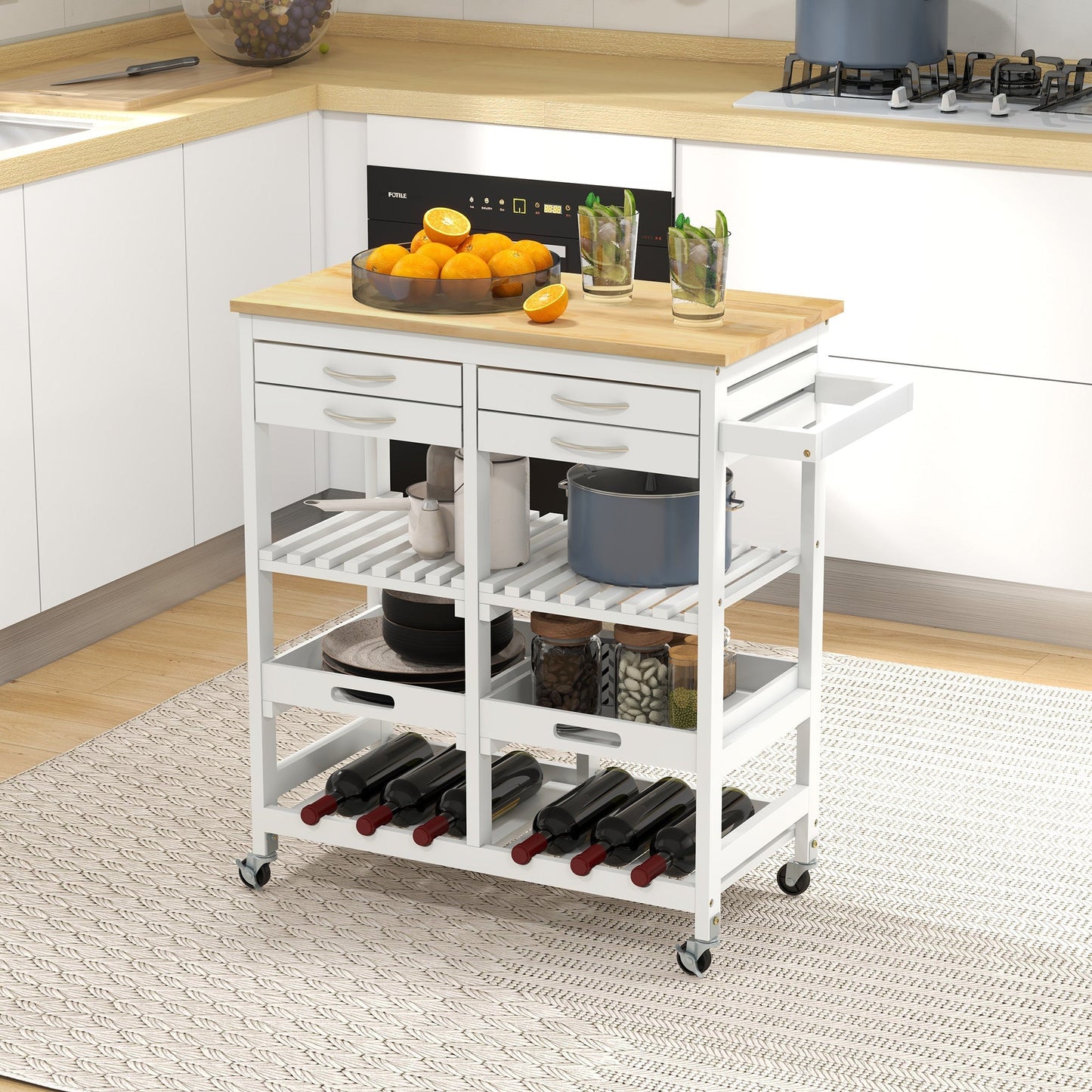 Kitchen Island Cart with Storage, Wine Rack, Wood Top, Drawers, Trays, White Kitchen Islands & Kitchen Carts   at Gallery Canada