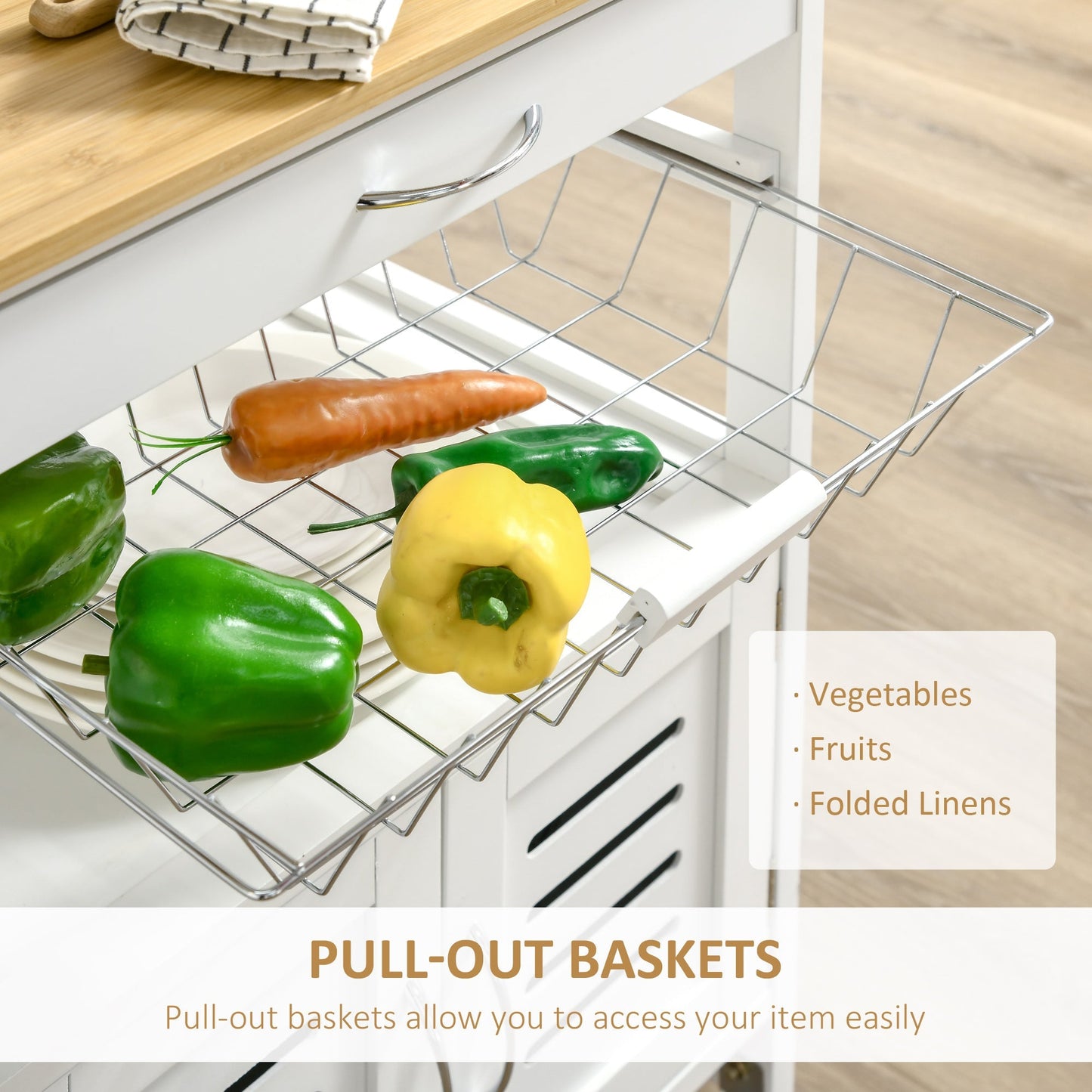 Kitchen Island With Storage, Kitchen Cart on Wheels with Bamboo Table Top, Cabinet, Drawer and Wire Basket, White Kitchen Islands & Kitchen Carts   at Gallery Canada