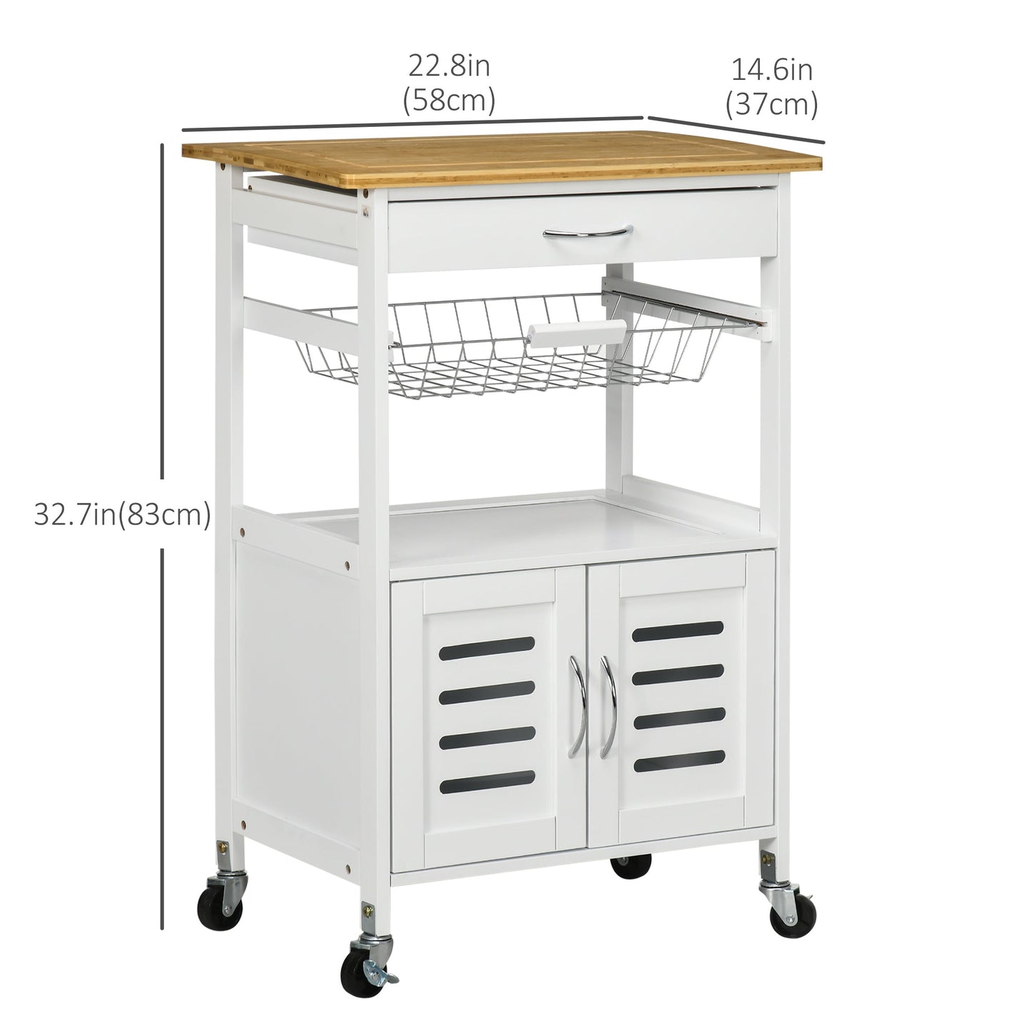 Kitchen Island With Storage, Kitchen Cart on Wheels with Bamboo Table Top, Cabinet, Drawer and Wire Basket, White Kitchen Islands & Kitchen Carts White  at Gallery Canada