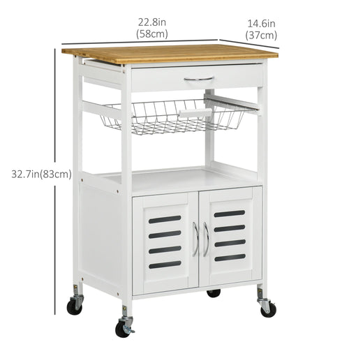 Kitchen Island With Storage, Kitchen Cart on Wheels with Bamboo Table Top, Cabinet, Drawer and Wire Basket, White