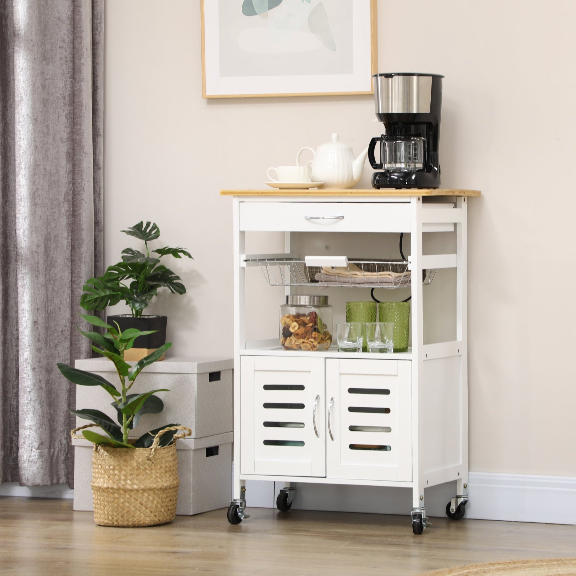 Kitchen Island With Storage, Kitchen Cart on Wheels with Bamboo Table Top, Cabinet, Drawer and Wire Basket, White Kitchen Islands & Kitchen Carts   at Gallery Canada