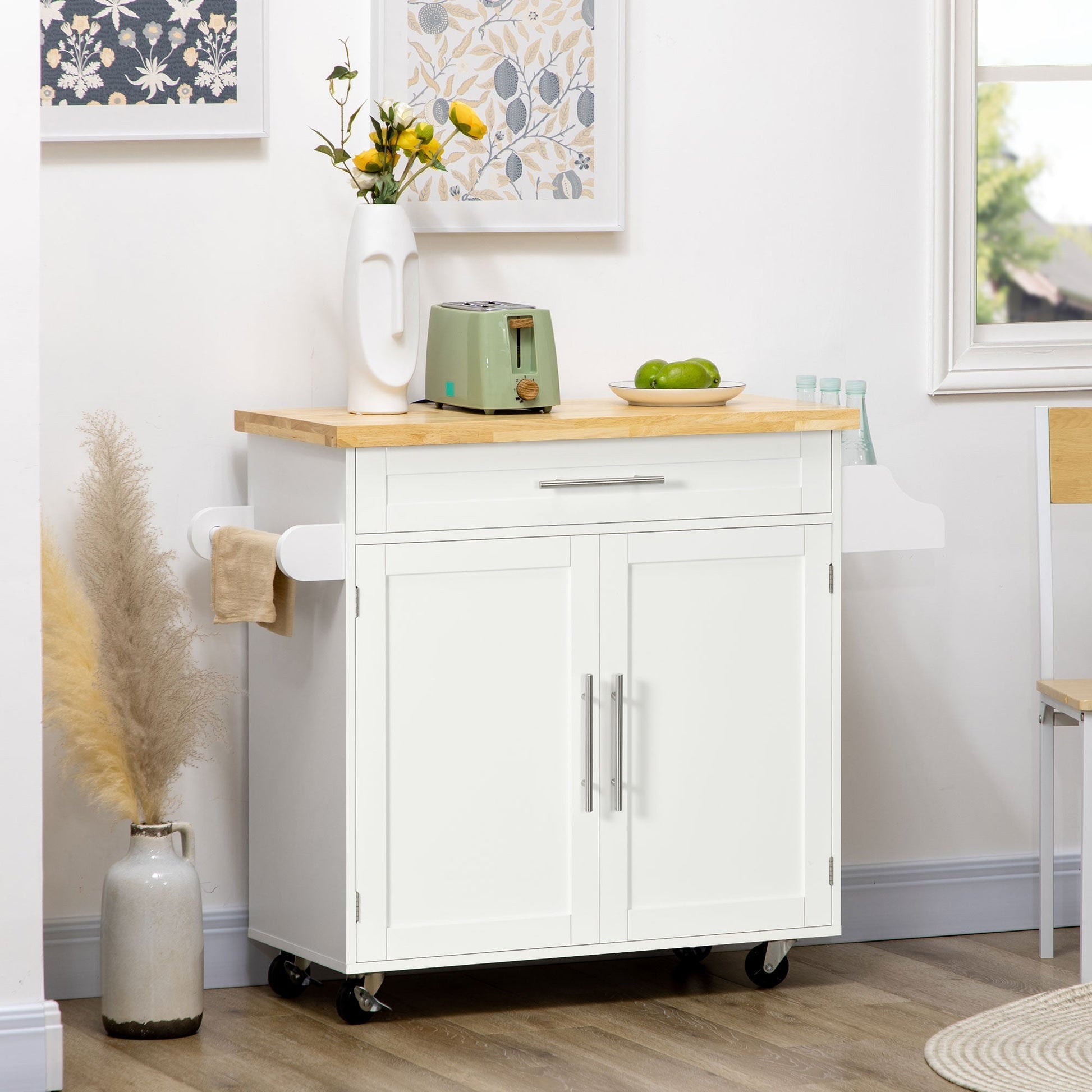 Kitchen Island with Storage, Rolling Cart Trolley with Rubberwood Top,Adjustable Shelf, Drawer, Spice Rack, Towel Rack, White Kitchen Islands & Kitchen Carts   at Gallery Canada