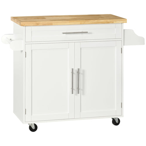 Kitchen Island with Storage, Rolling Cart Trolley with Rubberwood Top,Adjustable Shelf, Drawer, Spice Rack, Towel Rack, White