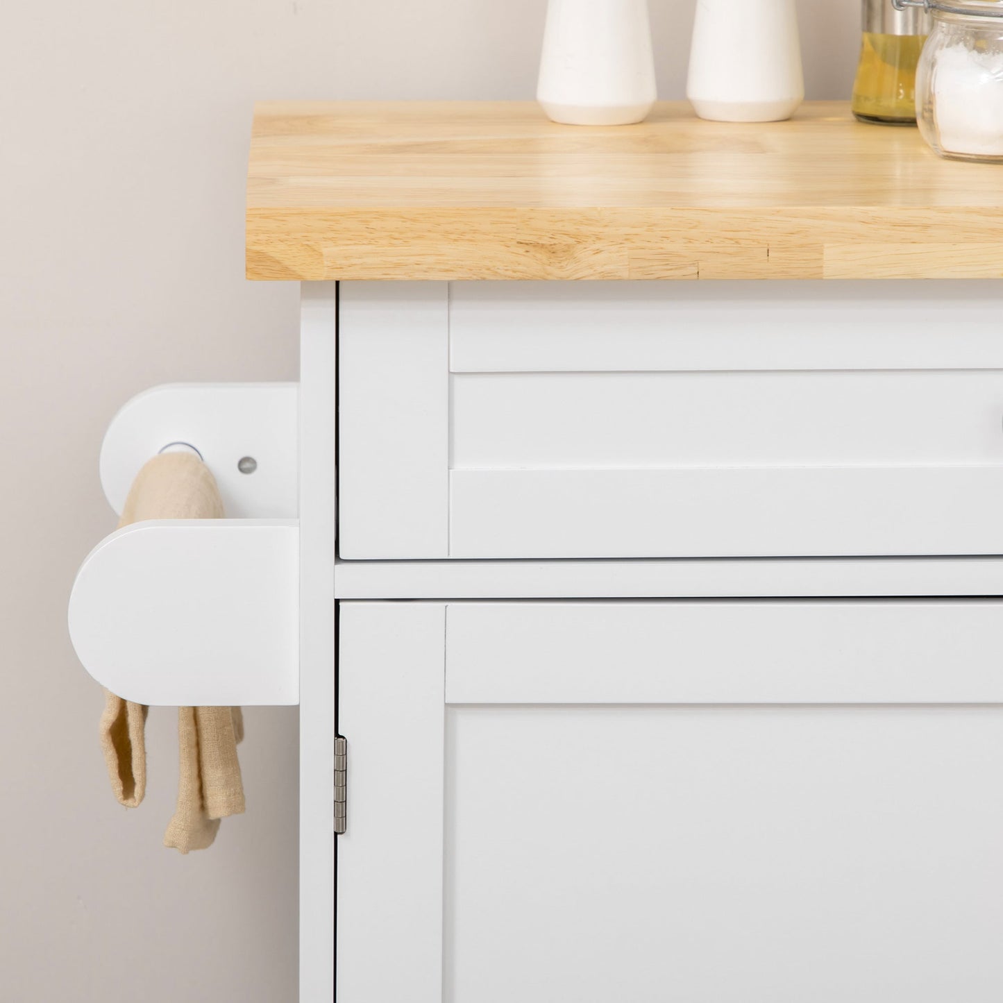 Kitchen Island with Storage, Rolling Cart Trolley with Rubberwood Top,Adjustable Shelf, Drawer, Spice Rack, Towel Rack, White Kitchen Islands & Kitchen Carts   at Gallery Canada