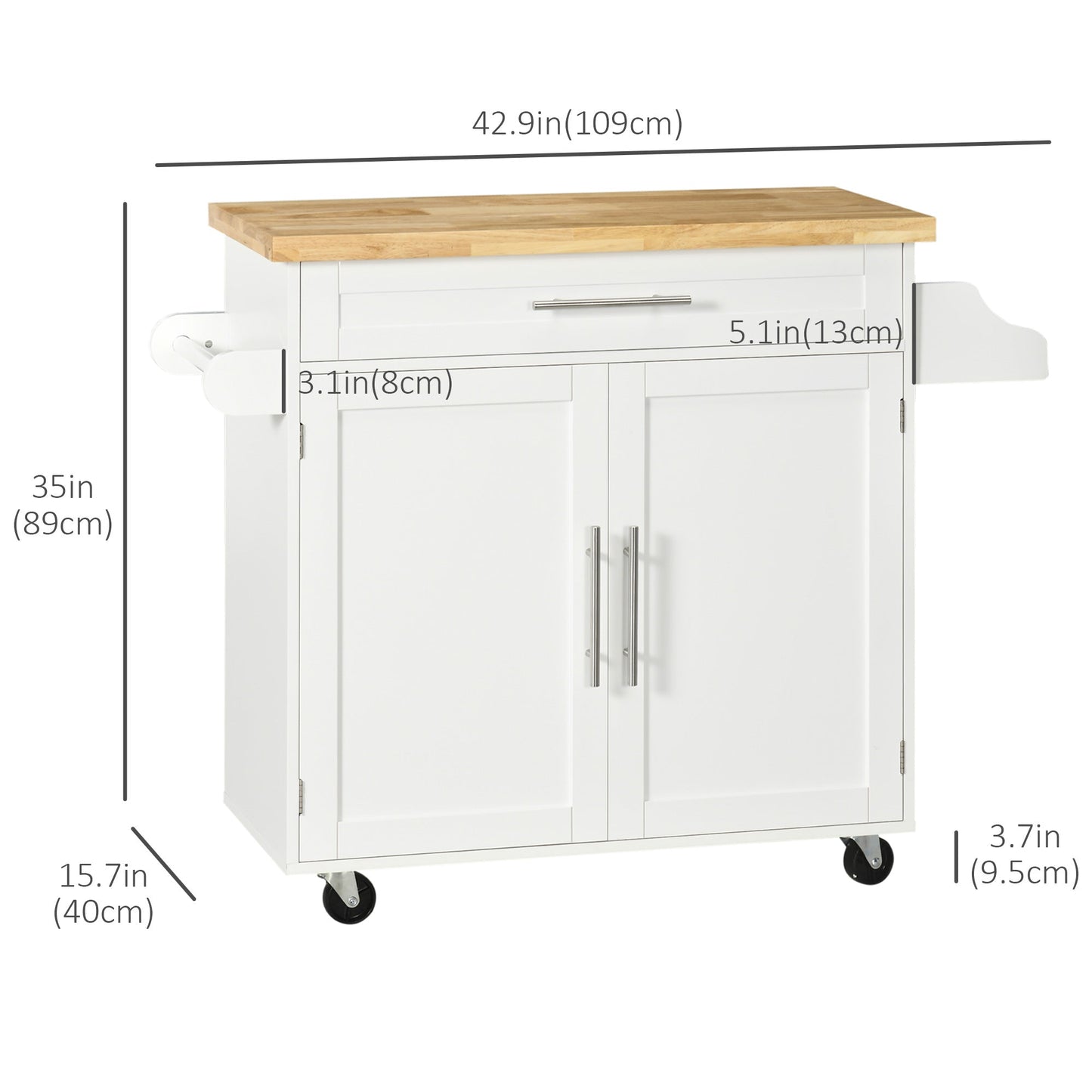 Kitchen Island with Storage, Rolling Cart Trolley with Rubberwood Top,Adjustable Shelf, Drawer, Spice Rack, Towel Rack, White Kitchen Islands & Kitchen Carts   at Gallery Canada