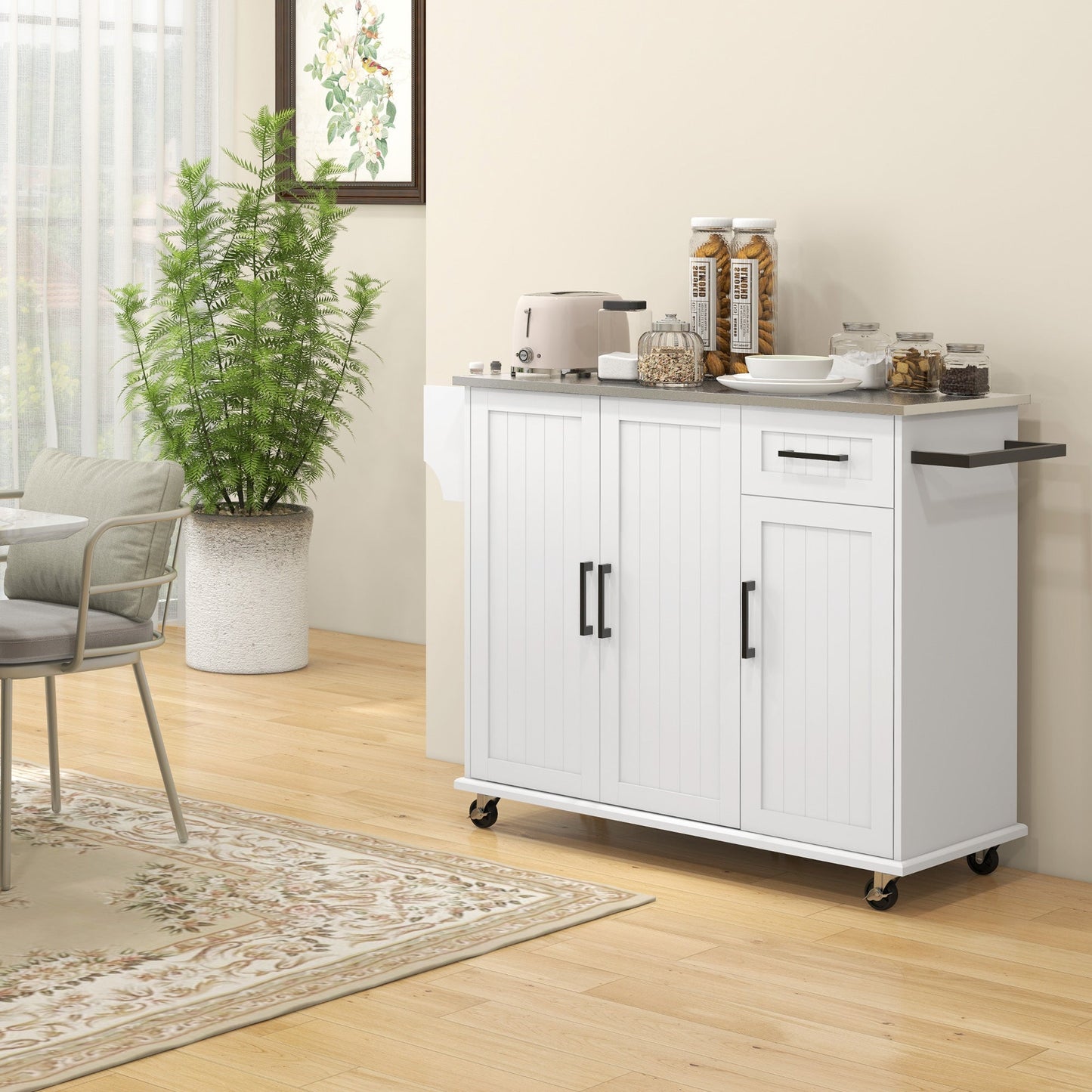 Rolling Kitchen Island Cart with Storage, Stainless Steel Top, White Kitchen Islands & Kitchen Carts   at Gallery Canada