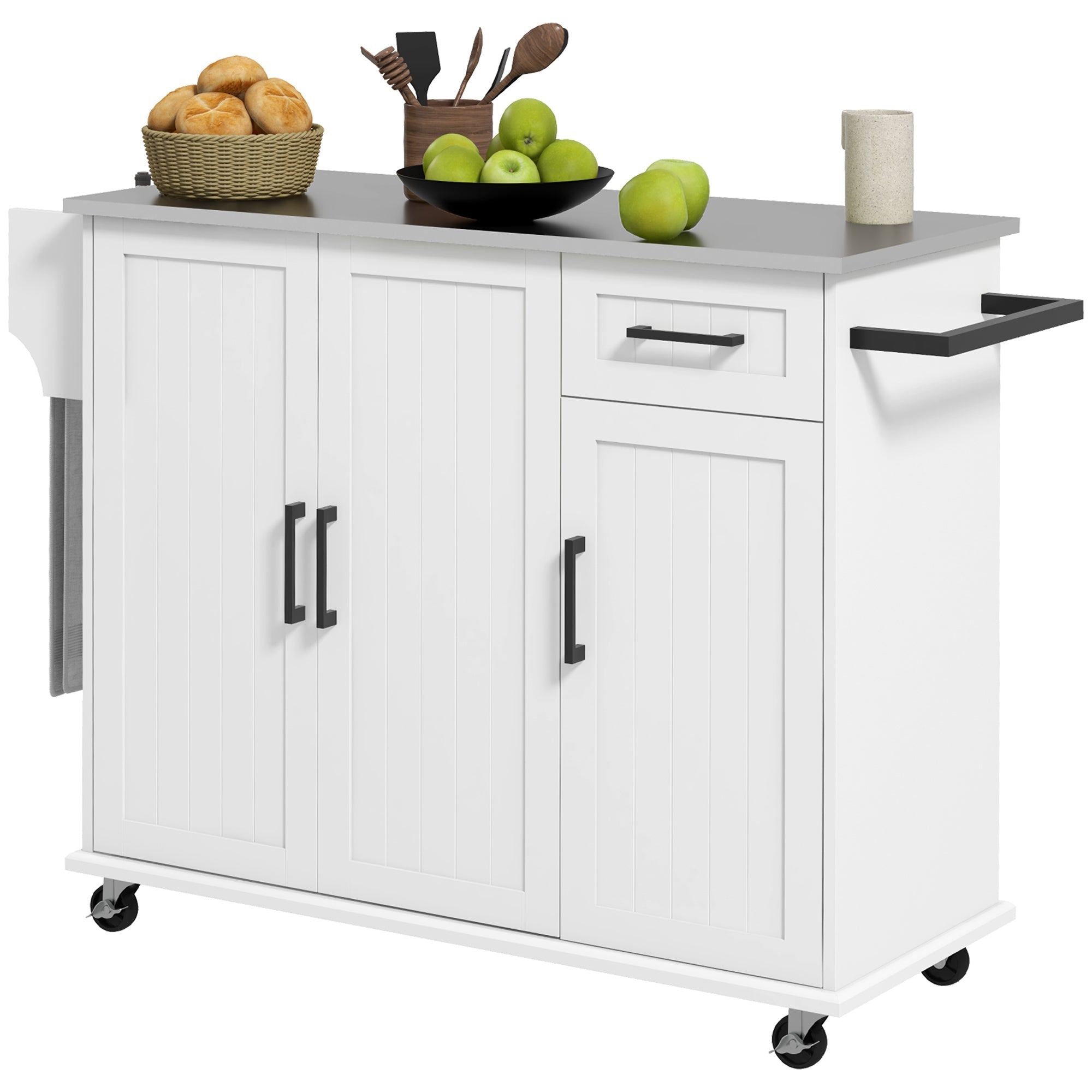 Rolling Kitchen Island Cart with Storage, Stainless Steel Top, White Kitchen Islands & Kitchen Carts Multi Colour  at Gallery Canada