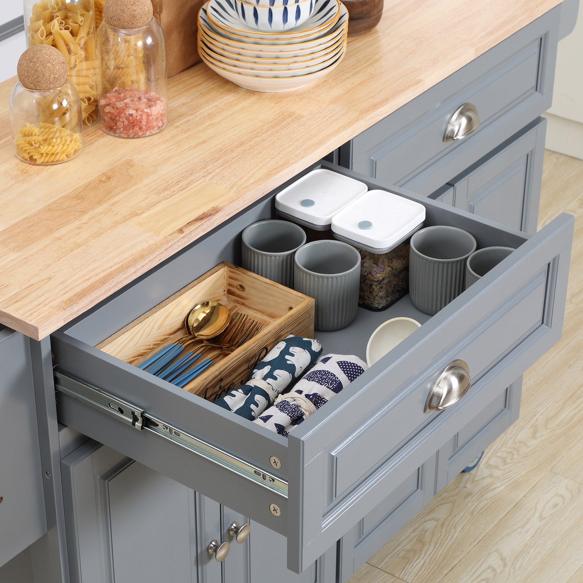 Kitchen Island with Storage, Rolling Kitchen Cart with Drop-Leaf Wooden Top, Drawers, Door Cabinets, Grey Kitchen Islands & Kitchen Carts   at Gallery Canada