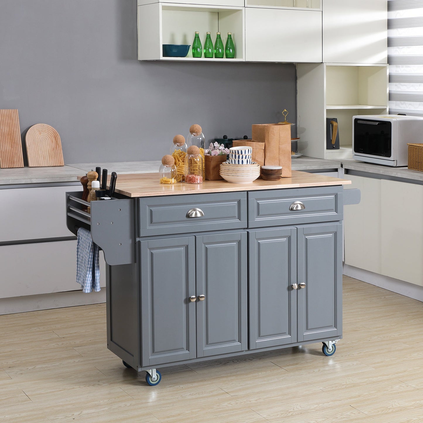 Kitchen Island with Storage, Rolling Kitchen Cart with Drop-Leaf Wooden Top, Drawers, Door Cabinets, Grey Kitchen Islands & Kitchen Carts   at Gallery Canada