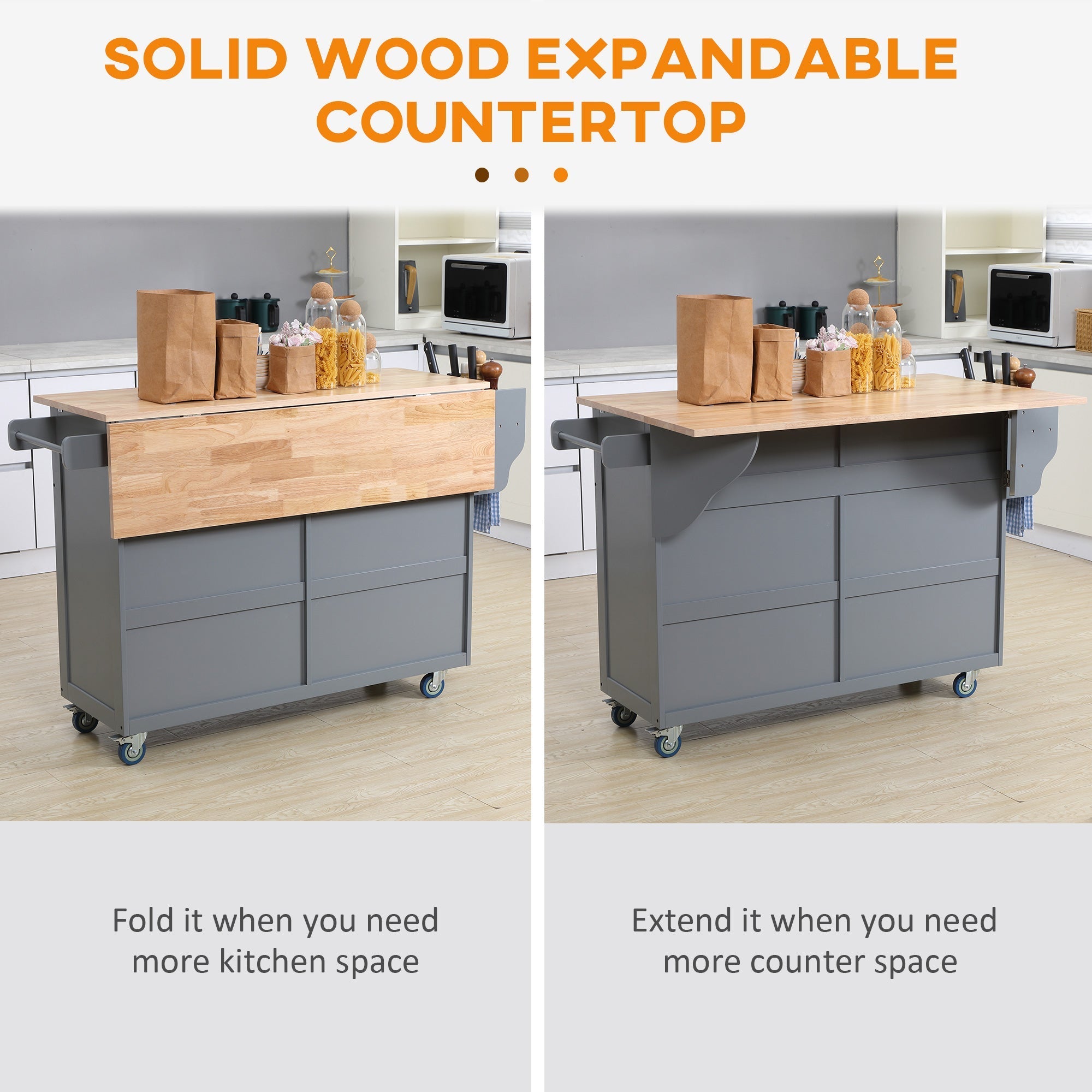 Kitchen Island with Storage, Rolling Kitchen Cart with Drop-Leaf Wooden Top, Drawers, Door Cabinets, Grey Kitchen Islands & Kitchen Carts   at Gallery Canada