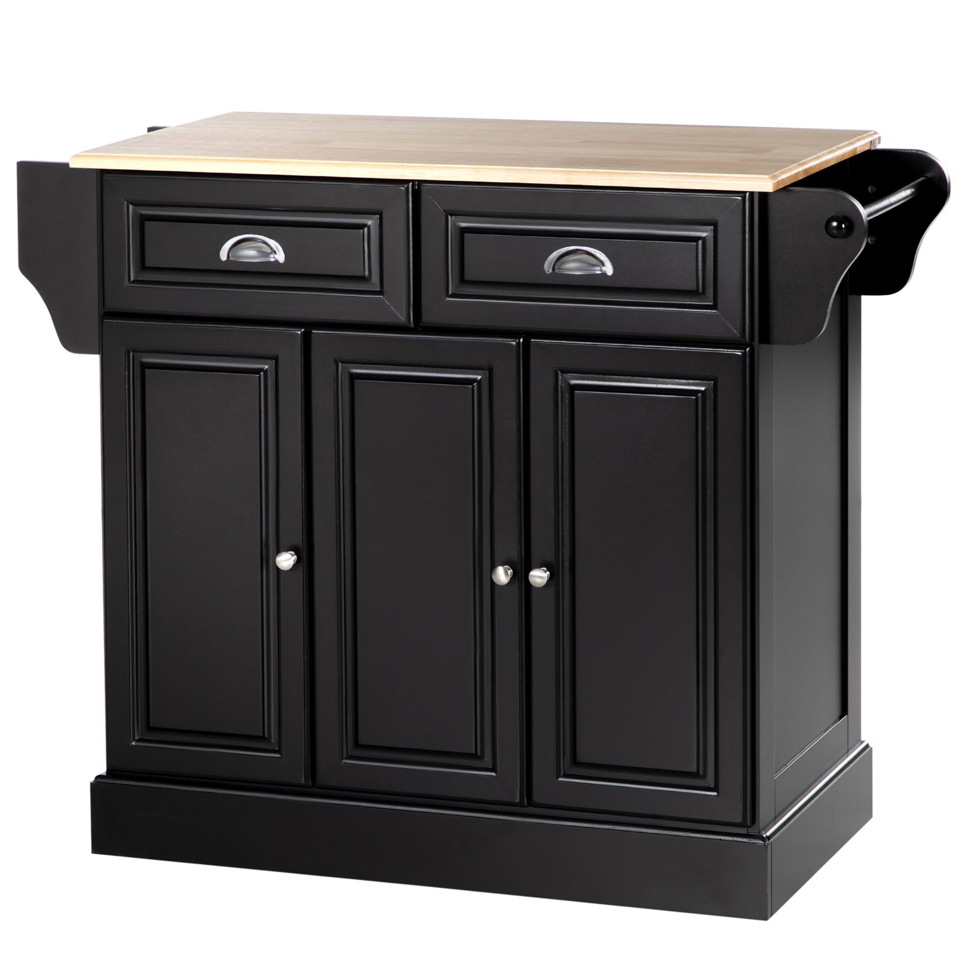 Kitchen Island with Storage Rolling Kitchen Serving Cart with Rubber Wood Top Towel Rack Storage Drawer Cabinet Black Kitchen Islands & Kitchen Carts Black  at Gallery Canada