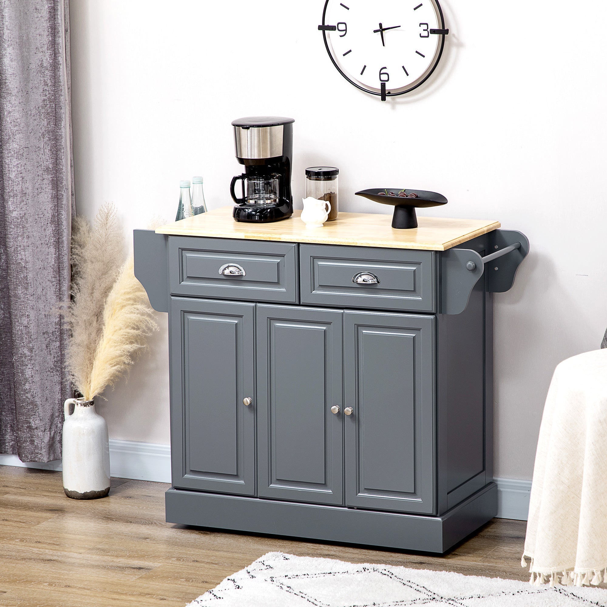 Kitchen Island with Storage Rolling Kitchen Serving Cart with Rubber Wood Top Towel Rack Storage Drawer Cabinet Grey Kitchen Islands & Kitchen Carts   at Gallery Canada