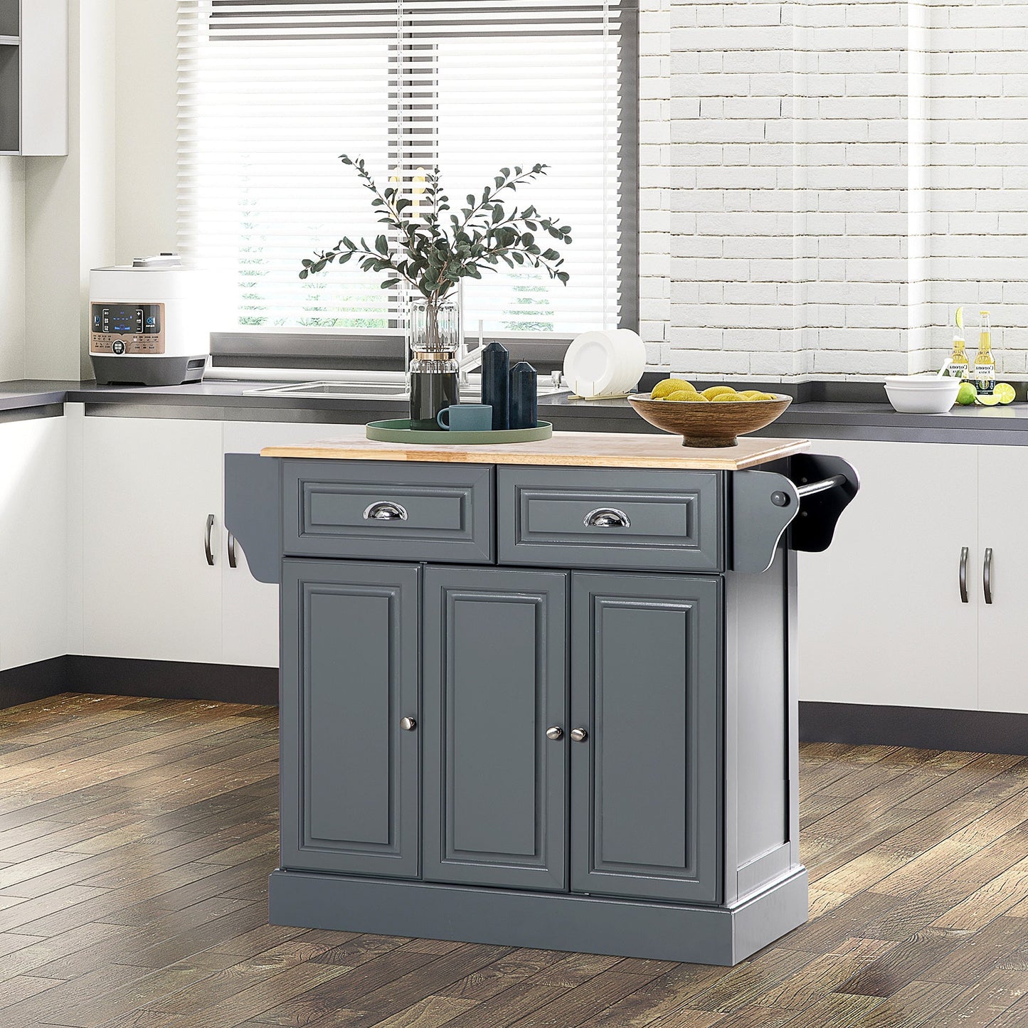 Kitchen Island with Storage Rolling Kitchen Serving Cart with Rubber Wood Top Towel Rack Storage Drawer Cabinet Grey Kitchen Islands & Kitchen Carts   at Gallery Canada