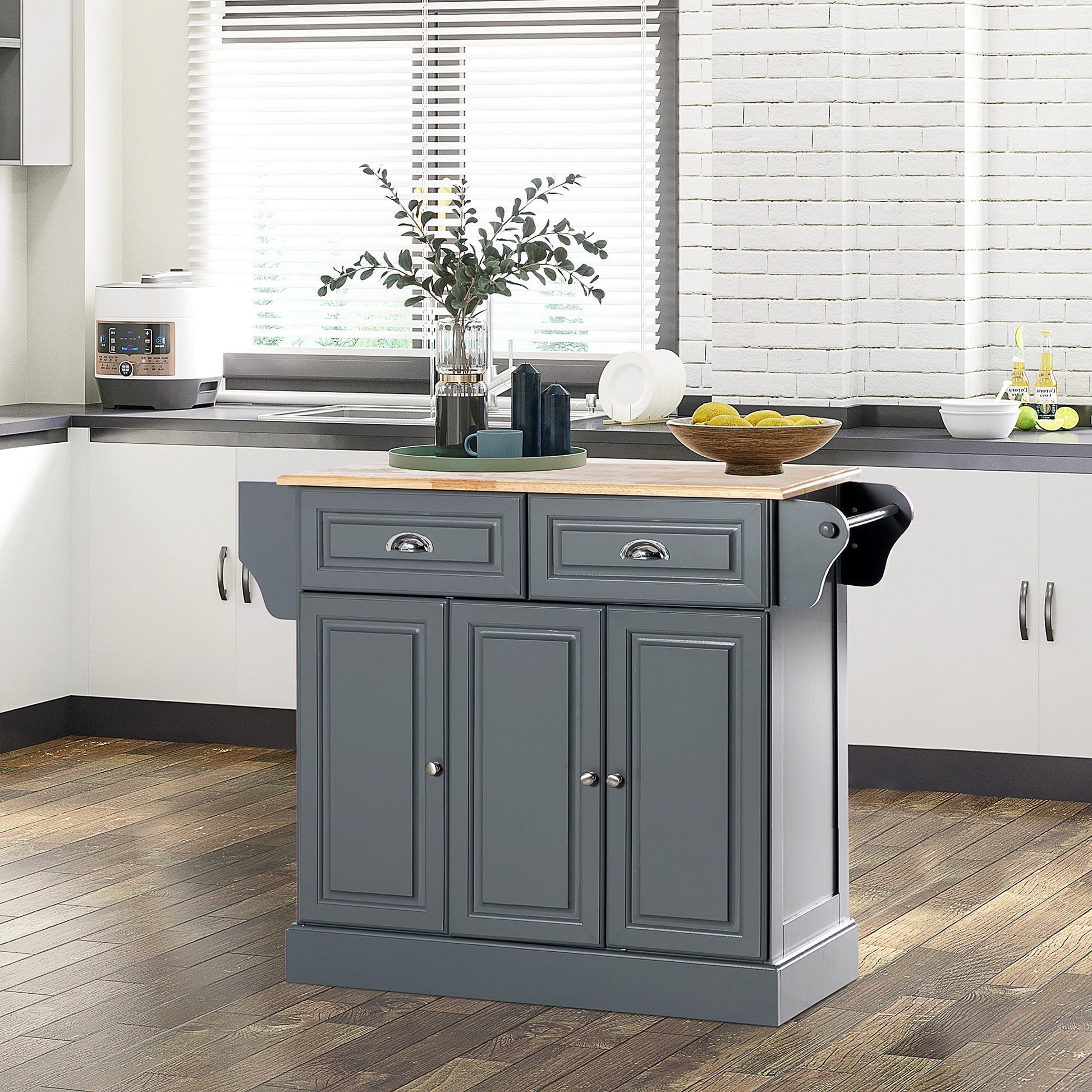 Kitchen Island with Storage Rolling Kitchen Serving Cart with Rubber Wood Top Towel Rack Storage Drawer Cabinet Grey Kitchen Islands & Kitchen Carts   at Gallery Canada