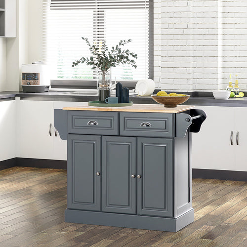 Kitchen Island with Storage Rolling Kitchen Serving Cart with Rubber Wood Top Towel Rack Storage Drawer Cabinet Grey